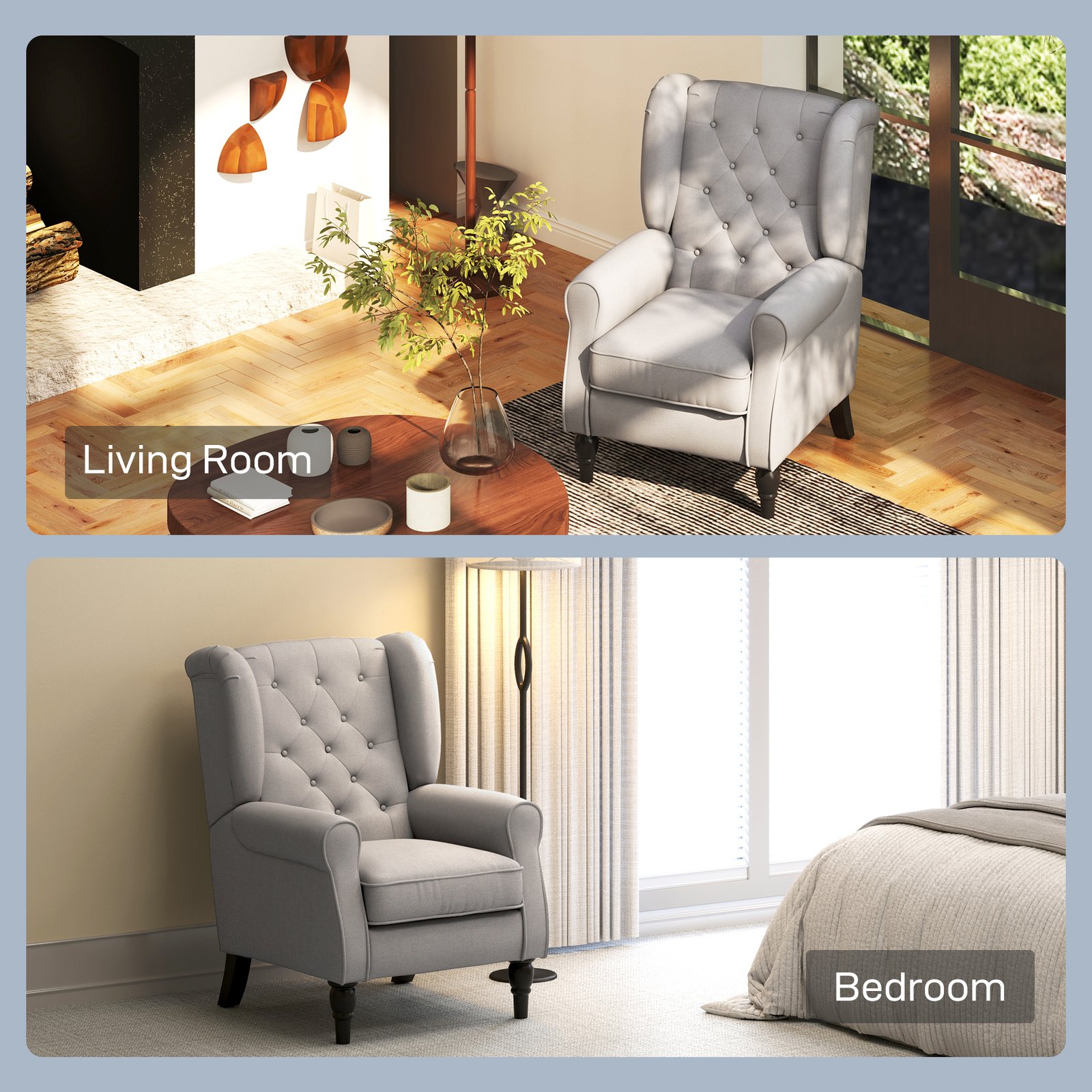 HOMCOM Retro Accent Chair, Wingback Armchair with Wood Frame Button Tufted Design for Living Room Bedroom, Grey - Image 8