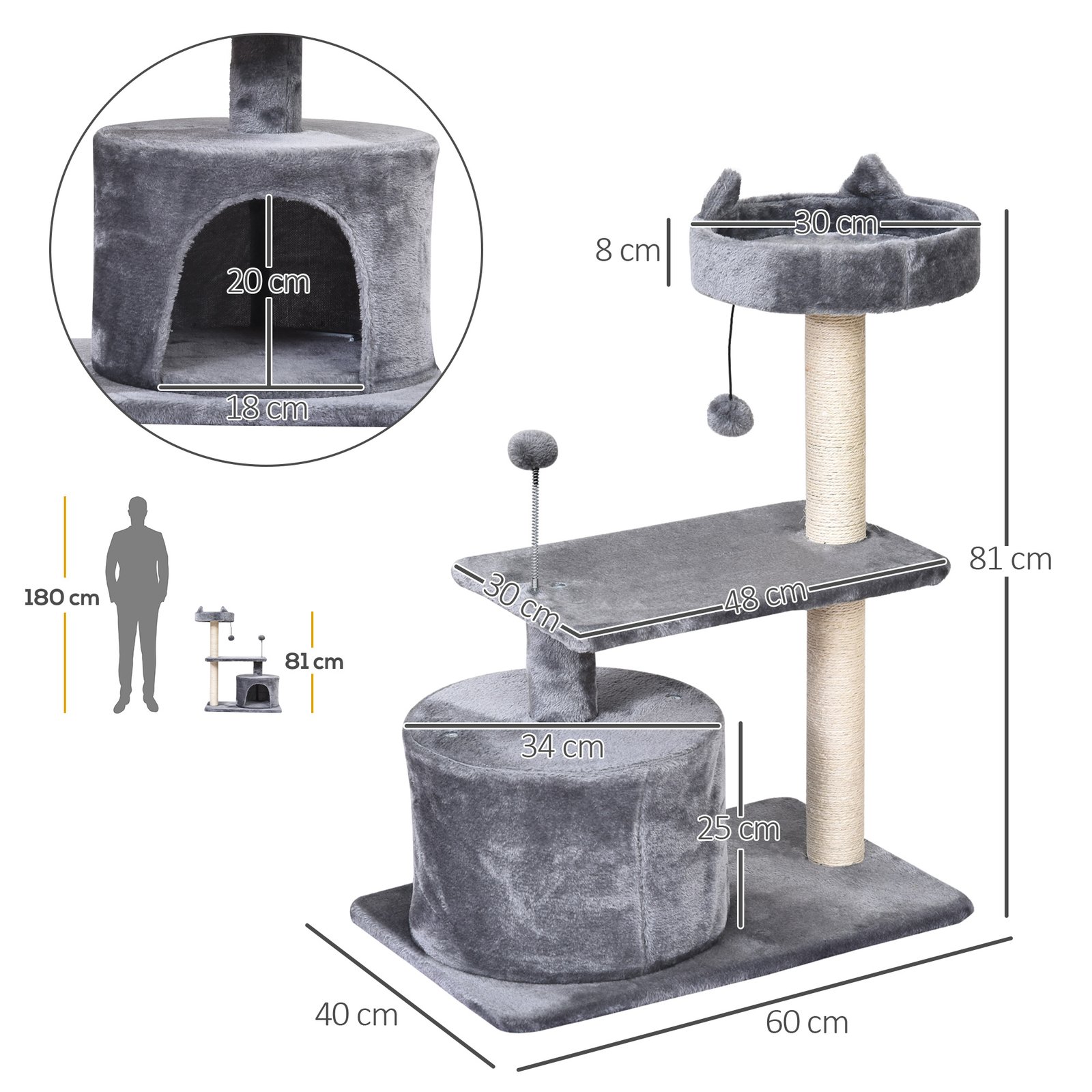 PawHut Cat Tree for Indoor Cats with Scratching Post Climbing Tower Kitty Activity Centre Condo Perch Jumping Platforms Grey 60L x 40W x 81H cm - Image 3