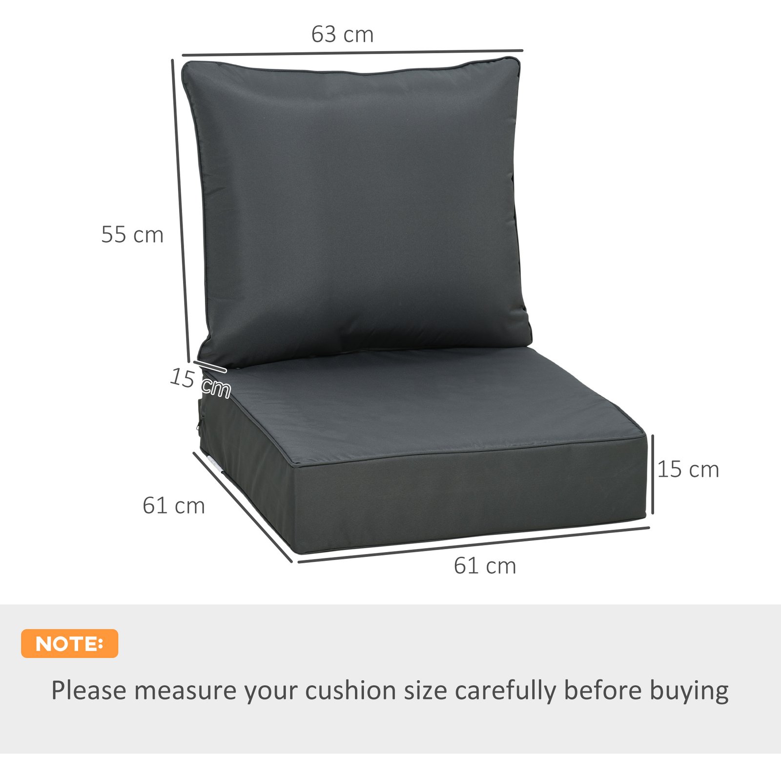 Outsunny Outdoor Seat and Back Cushion Sets, 63L x 55W x 15Dcm Olefin Patio Deep Seating Chair Fade Resistant Replacement Cushion for Rattan Sofa, Indoor or Outdoor Furniture, Dark Grey - Image 3