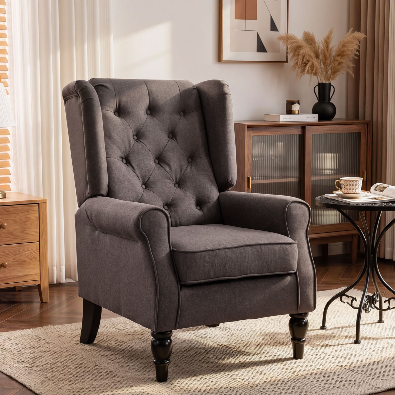 HOMCOM Wingback Accent Chair, Retro Upholstered Button Tufted Occasional Chair for Living Room and Bedroom, Brown - Image 2