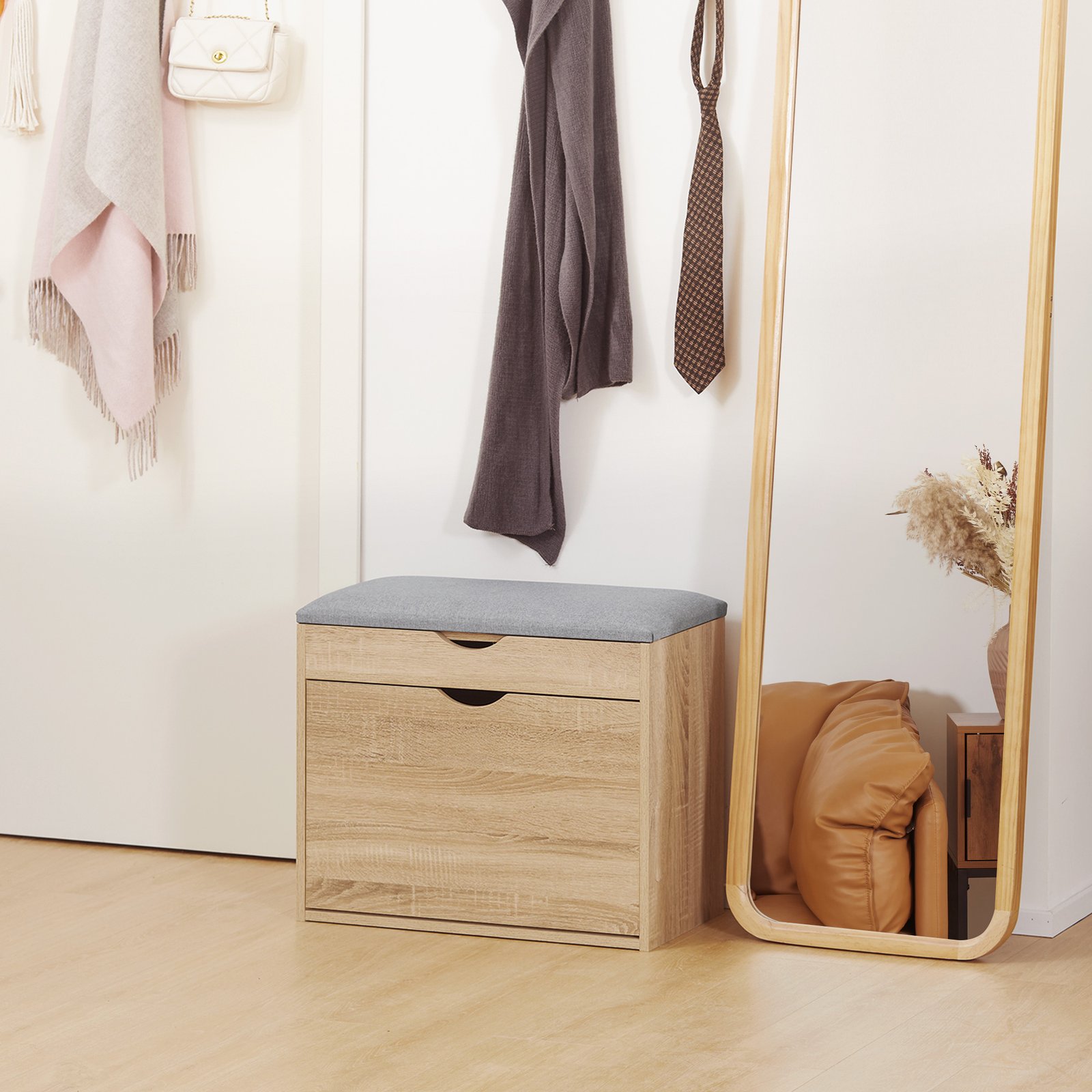 HOMCOM Shoe Bench with Cushion for 4 Pair of Shoes, Storage Bench with Padded Seat, Flip-up Cabinet and Hidden Space for Entryway, Natural - Image 2