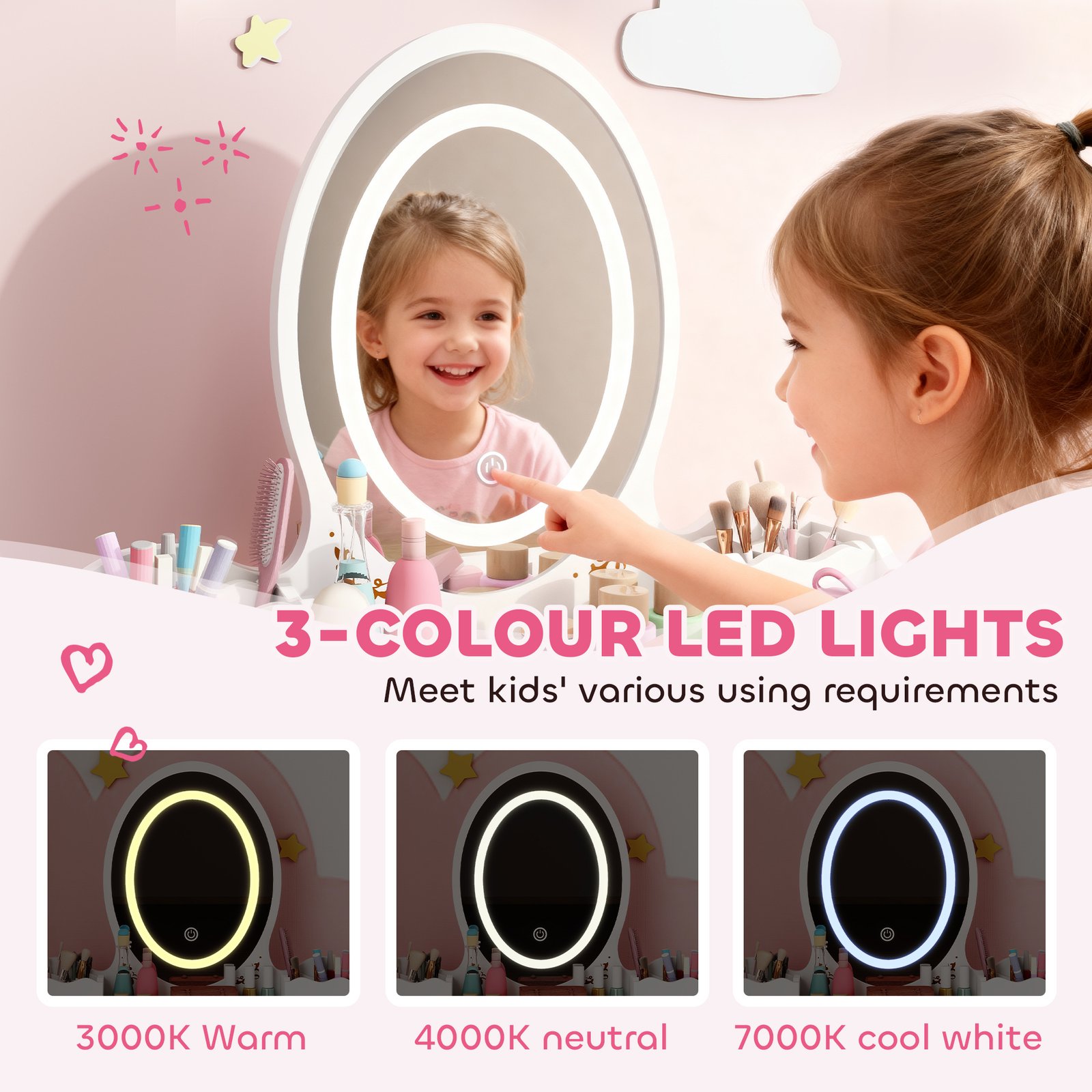 AIYAPLAY Kids Vanity Table and Chair Set with 3-Colour LED Lights Mirror, Drawer, Storage Boxes, for 3+ Years, White - Image 4