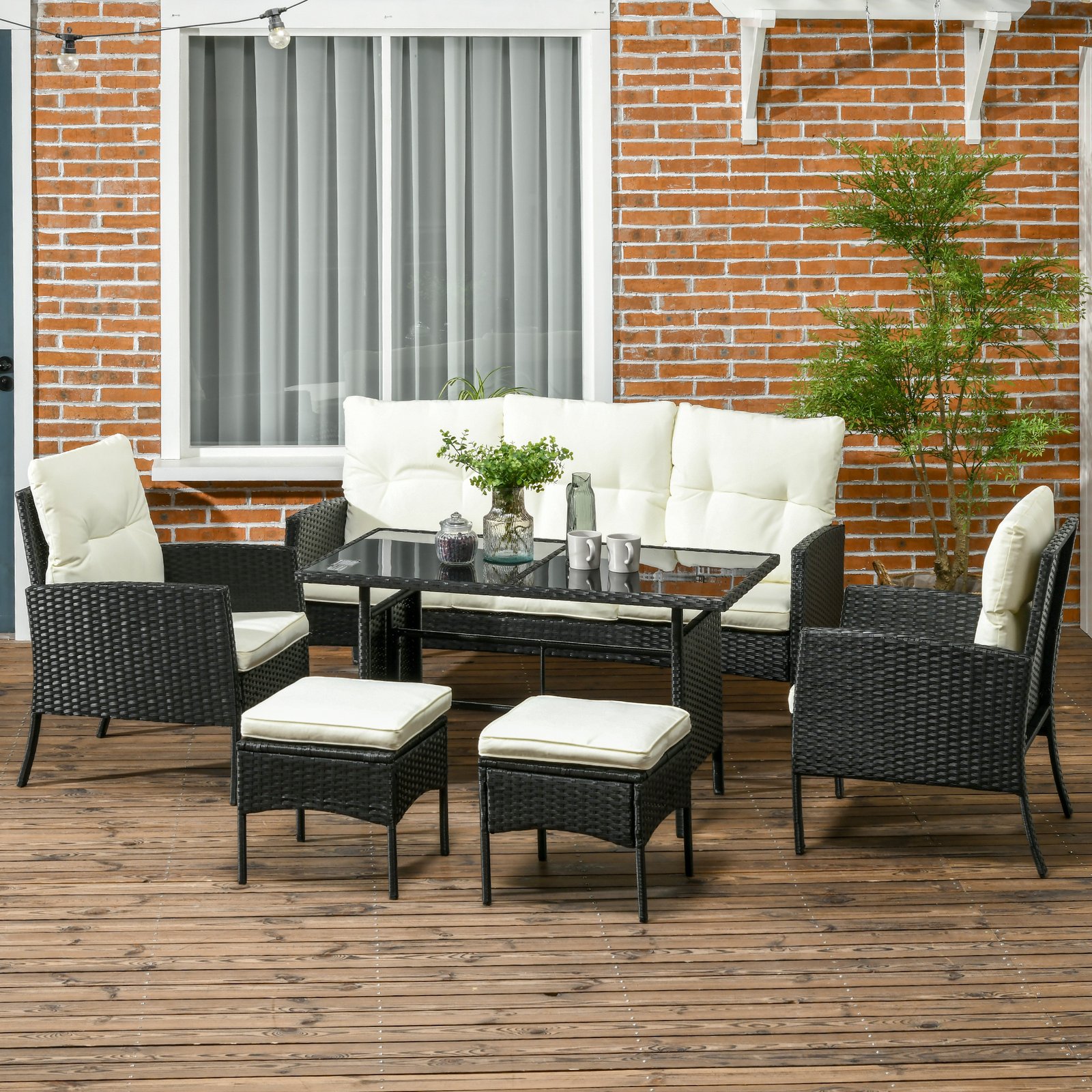 Outsunny 5 Seater Rattan Garden Furniture Set, 6 Piece Garden Sofa Set, Armchairs, 3-Seater Sofa, Footstools, Glass Dining Table, Cushions, Wicker Outdoor Furniture for Conservatory Patio, Cream - Image 2