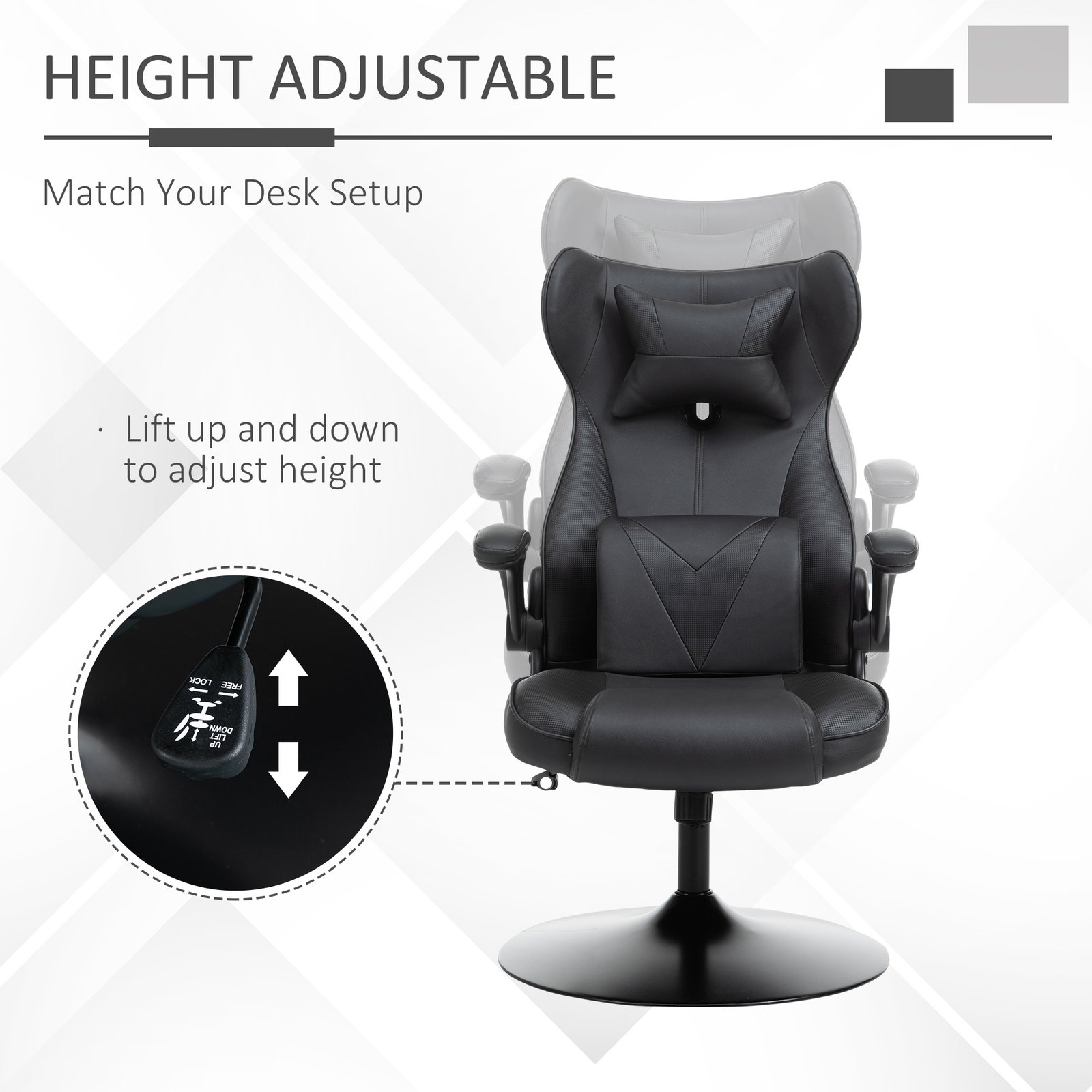 Vinsetto Video Game Chair with Lumbar Support, Racing Style Home Office Chair, Computer Chair with Swivel Base, Flip-up Armrest and Headrest, Black - Image 7
