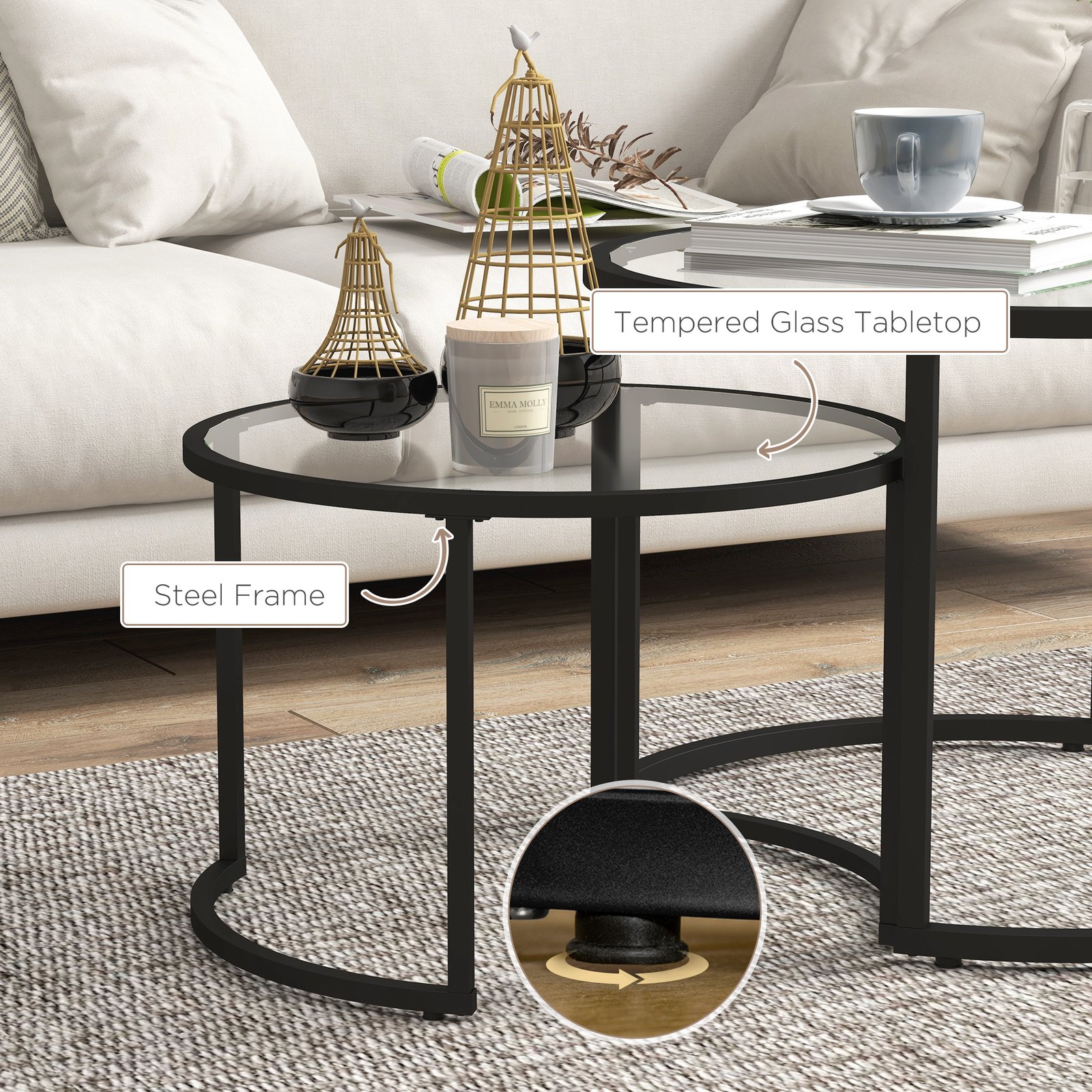 HOMCOM Two-Piece Nest of Glass-Top Coffee Tables - Image 6