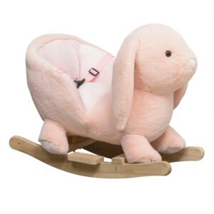 HOMCOM Baby Rocking Horse, Plush Baby Rocker Rabbit Ride-On Toy with Sound, Wood Base, Seatbelt, for Ages 18-36 Months, Pink