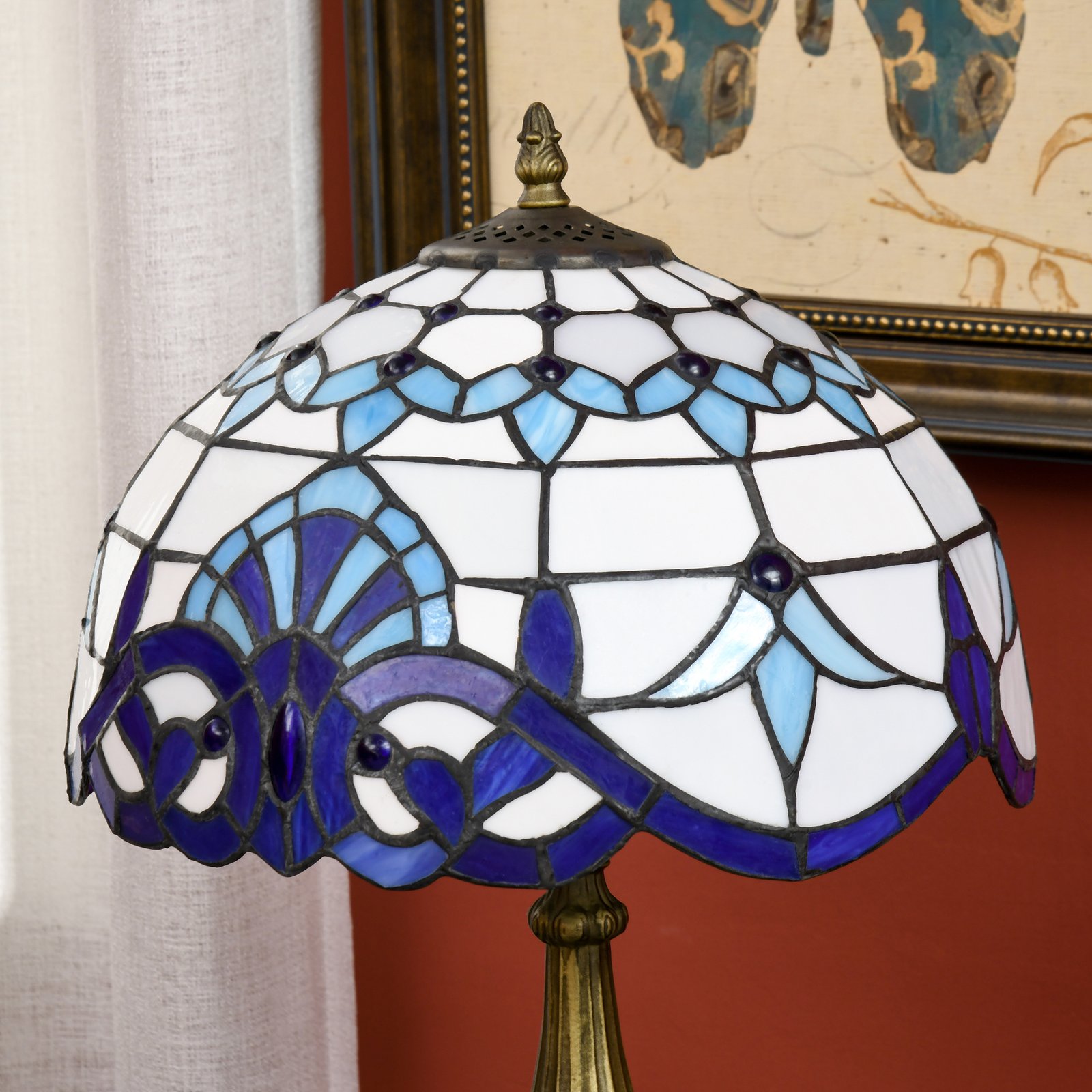 HOMCOM Stained Glass Table Lamp, Handmade Antique Bedside Lamp for Bedroom, Living room, Home, Nightstand, Decorative Night Light, Blue - Image 8