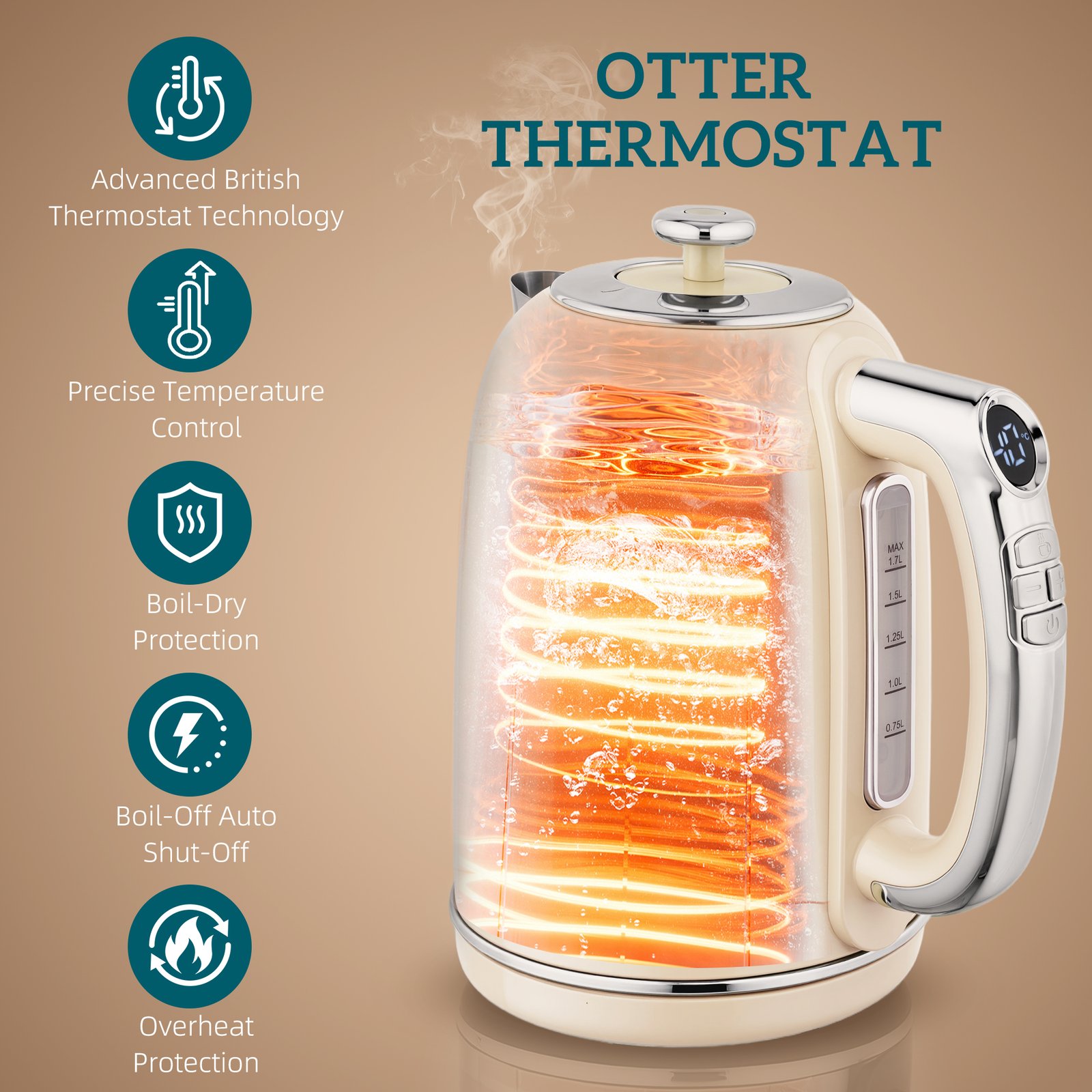 HOMCOM Polished Retro 40-100°C Kettle and Toaster Set - Cream - Image 4