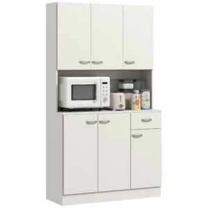 HOMCOM Freestanding Kitchen Pantry Storage Cabinet with Adjustable Shelves & Middle Worktop - White