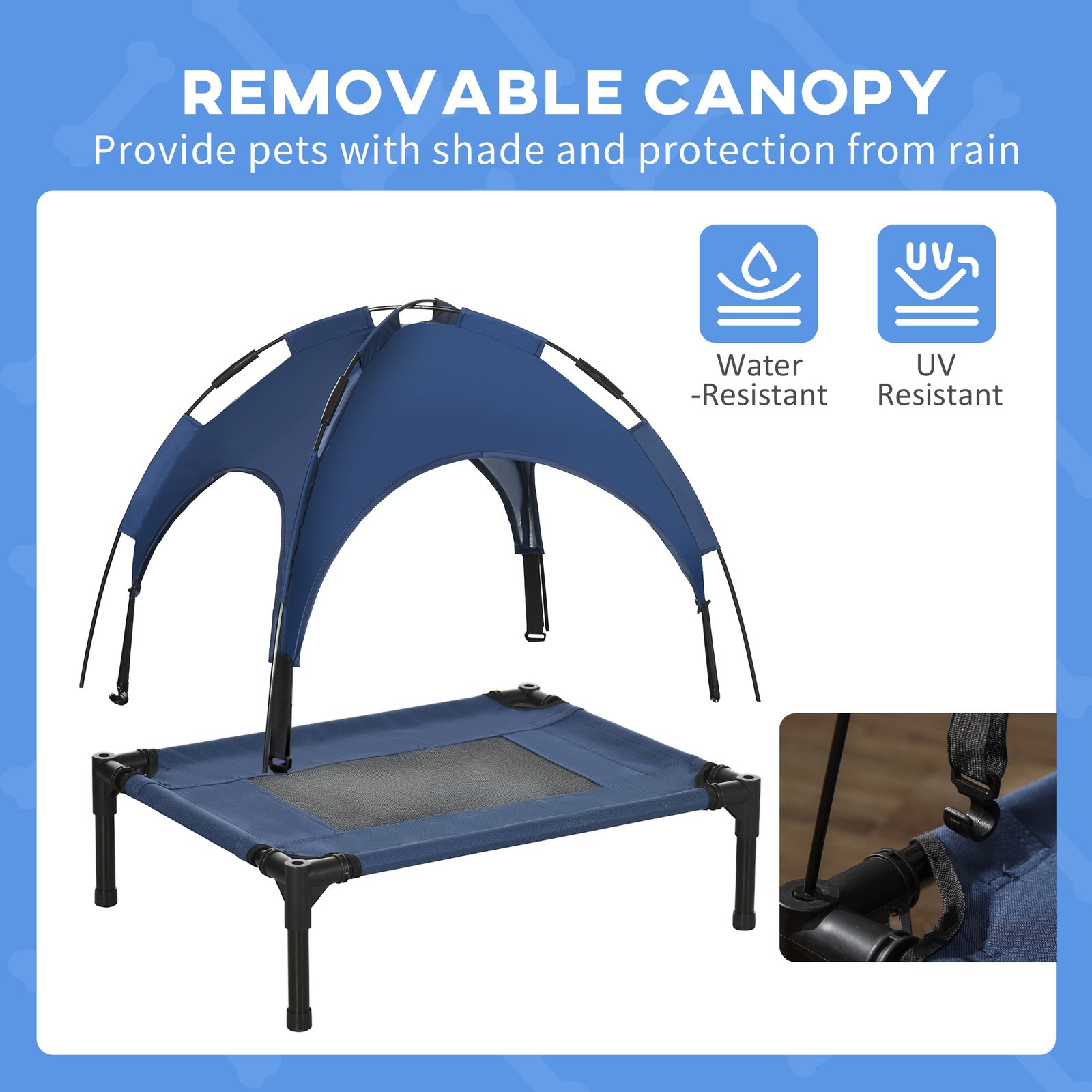 PawHut Outdoor Dog Bed with Removable Canopy, Portable Raised Dog Bed for Camping, Garden & Beach, Water-Resistant UV-Protection Mesh Pet Cot Sun Lounger, for Small Pets, 61 x 46 x 62 cm, Dark Blue - Image 6