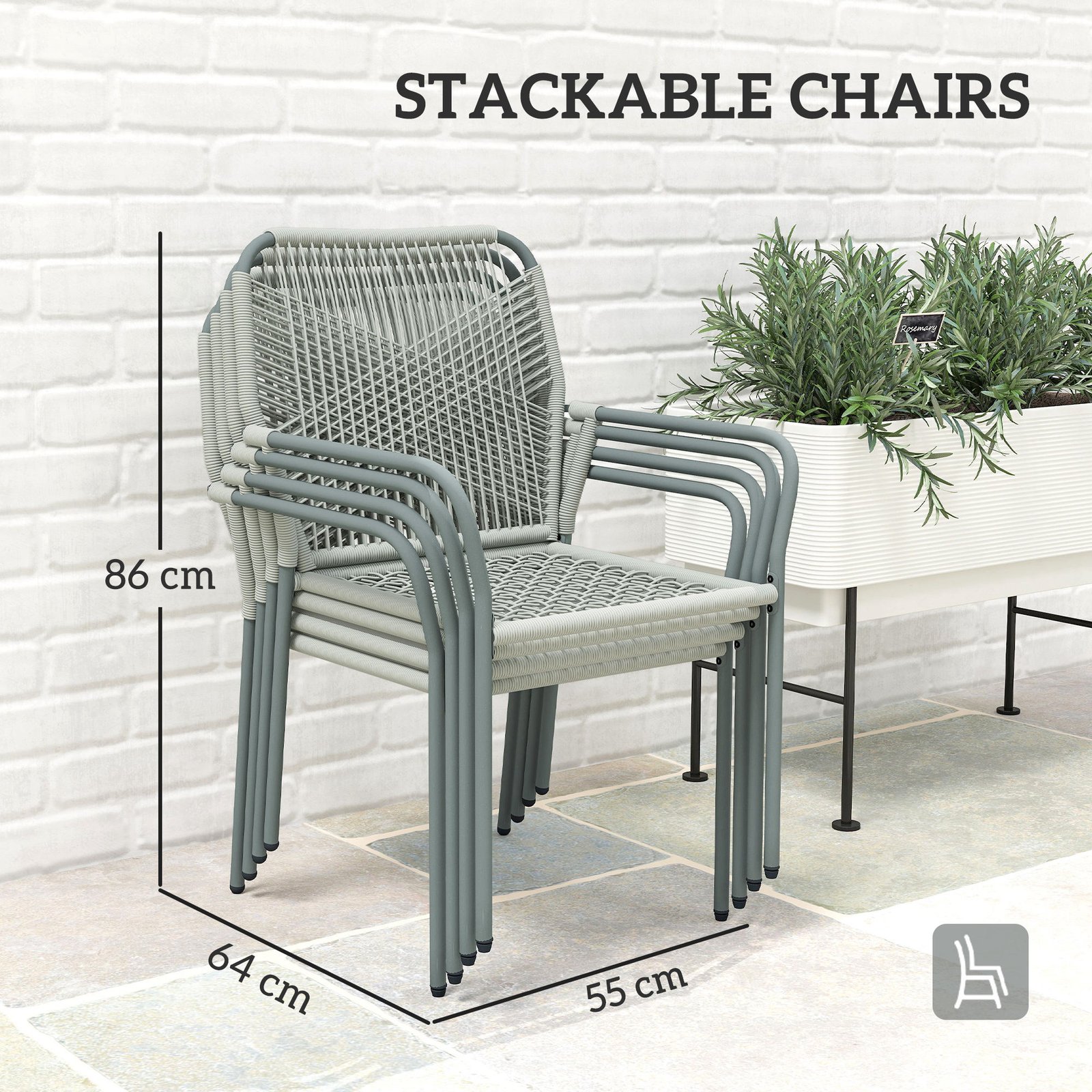 Outsunny Five-Piece PE Rattan Garden Dining Set with Cushions & Stackable Chairs - Light Grey - Image 8