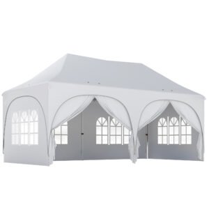 Outsunny 3 x 6m Pop Up Gazebo Shelter with Sides, 6 Sandbags, Peak Top Garden Party Tent Marquee with Carry Bag, Light Grey/White