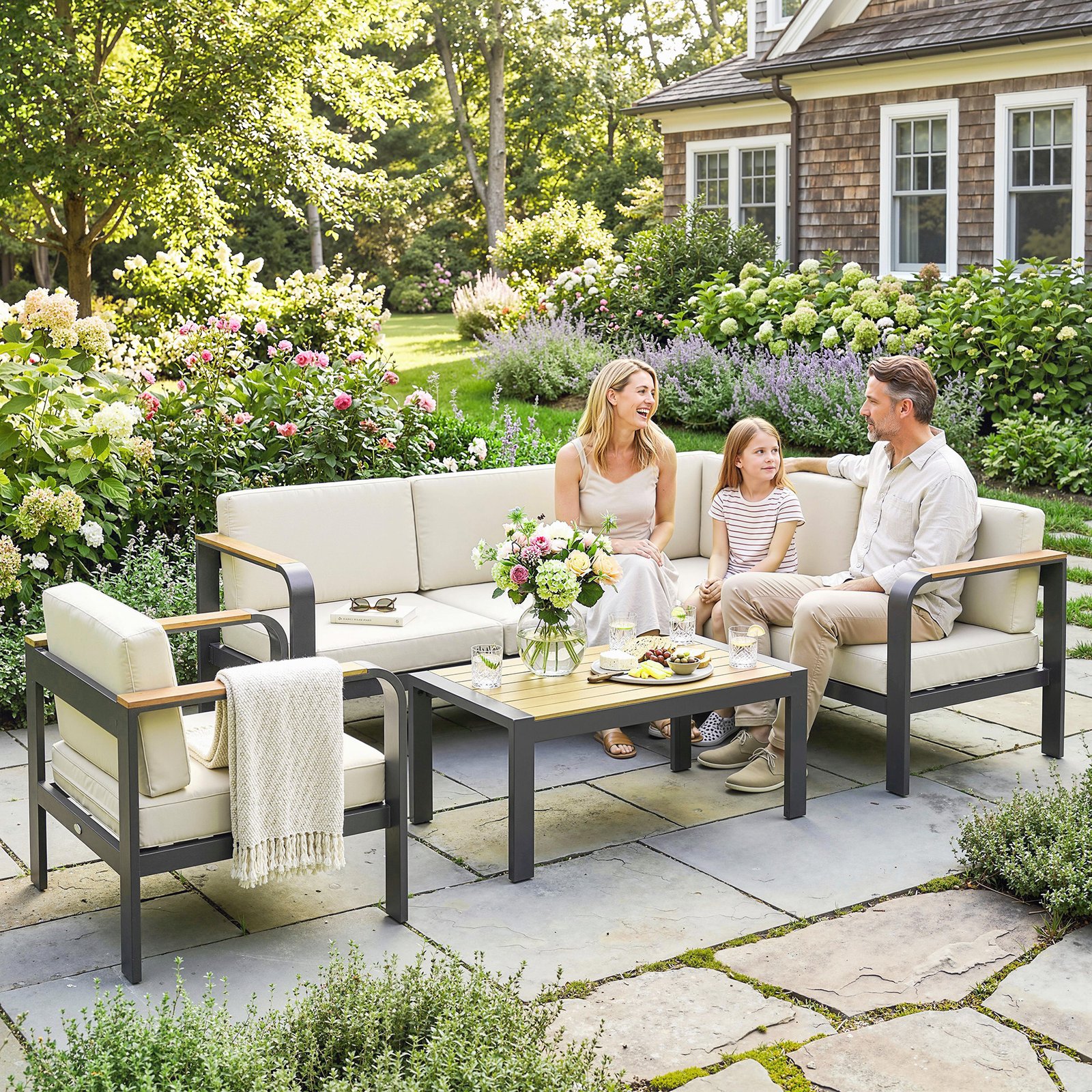 Outsunny 3 Pieces Garden Furniture Set with L-Shaped Sofa, Armchair and Coffee Table, Aluminium Garden Corner Sofa Set - Image 2