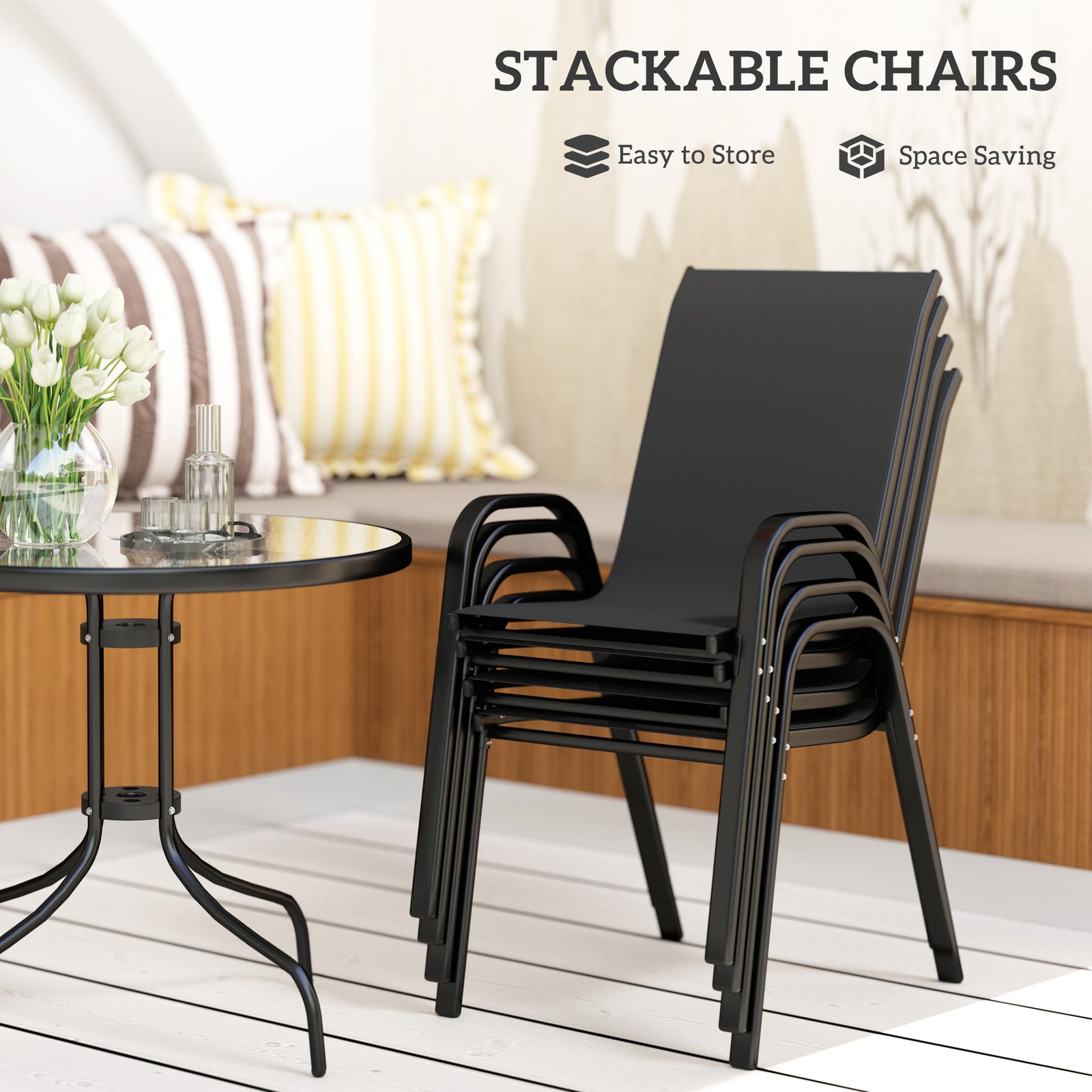 Outsunny Five-Piece Steel Patio Set, with Glass-Top Table - Black - Image 7