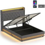 HOMCOM 4ft6 Double Bed Frame with Headboard, Platform Bed Frame with Hydraulic Storage, LED Lights and Charging Station, Grey HOMCOM 4ft6 Double Bed Frame with Headboard, Platform Bed Frame with Hydraulic Storage, LED Lights and Charging Station, Grey
