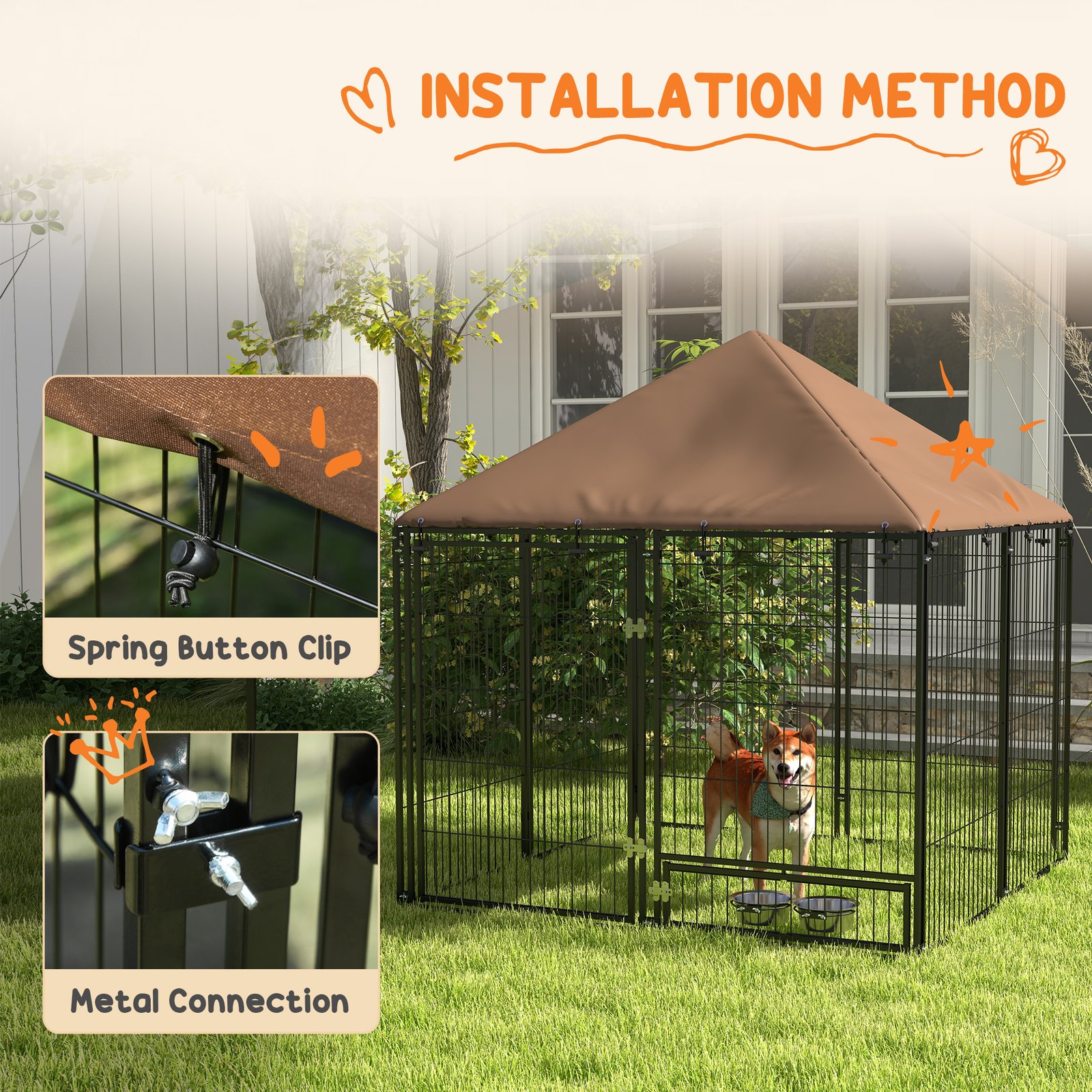 PawHut Outdoor Dog Kennel Puppy Play Pen with Canopy Garden Playpen Fence Crate Enclosure Cage Rotating Bowl 141 x 141 x 151 cm - Image 7