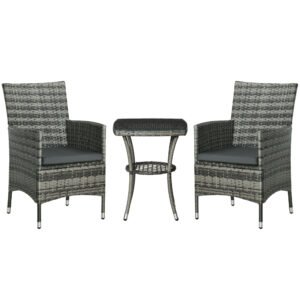 Outsunny 3 Pieces Rattan Bistro Set, Wicker Garden Furniture Set with 2-Tier Coffee Table and Chairs, Washable Cushions, for Outdoor Patio Balcony, Mixed Grey