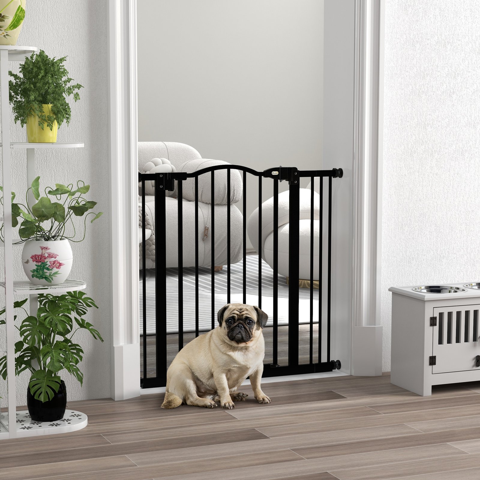 PawHut Metal 74-87cm Adjustable Pet Gate Safety Barrier w/ Auto-Close Door Black - Image 2