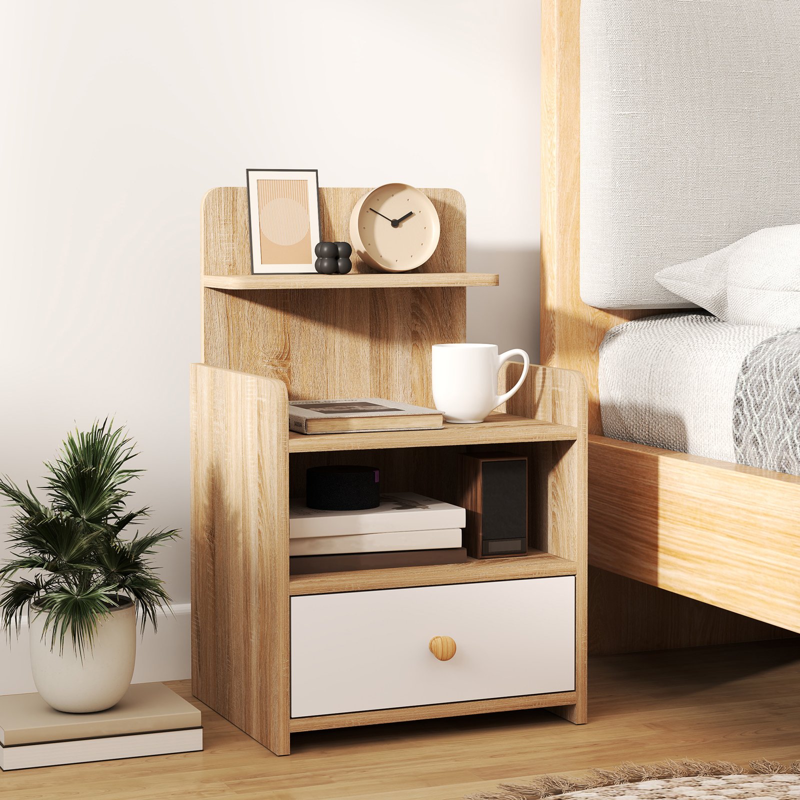 HOMCOM Multi-Storage Bedside Table - White/Wood-Effect - Image 2
