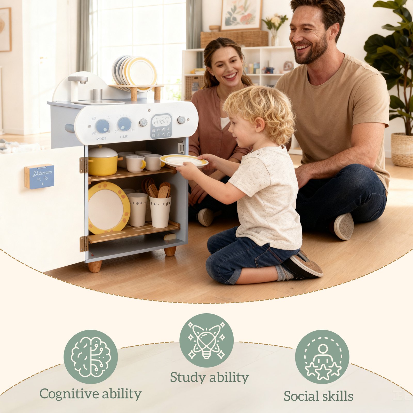 AIYAPLAY Wooden Dishwasher Playset, Kitchen Sink Toys with Faucet, Sink and Accessories, Gift for Boys Girls Toddlers - Image 7