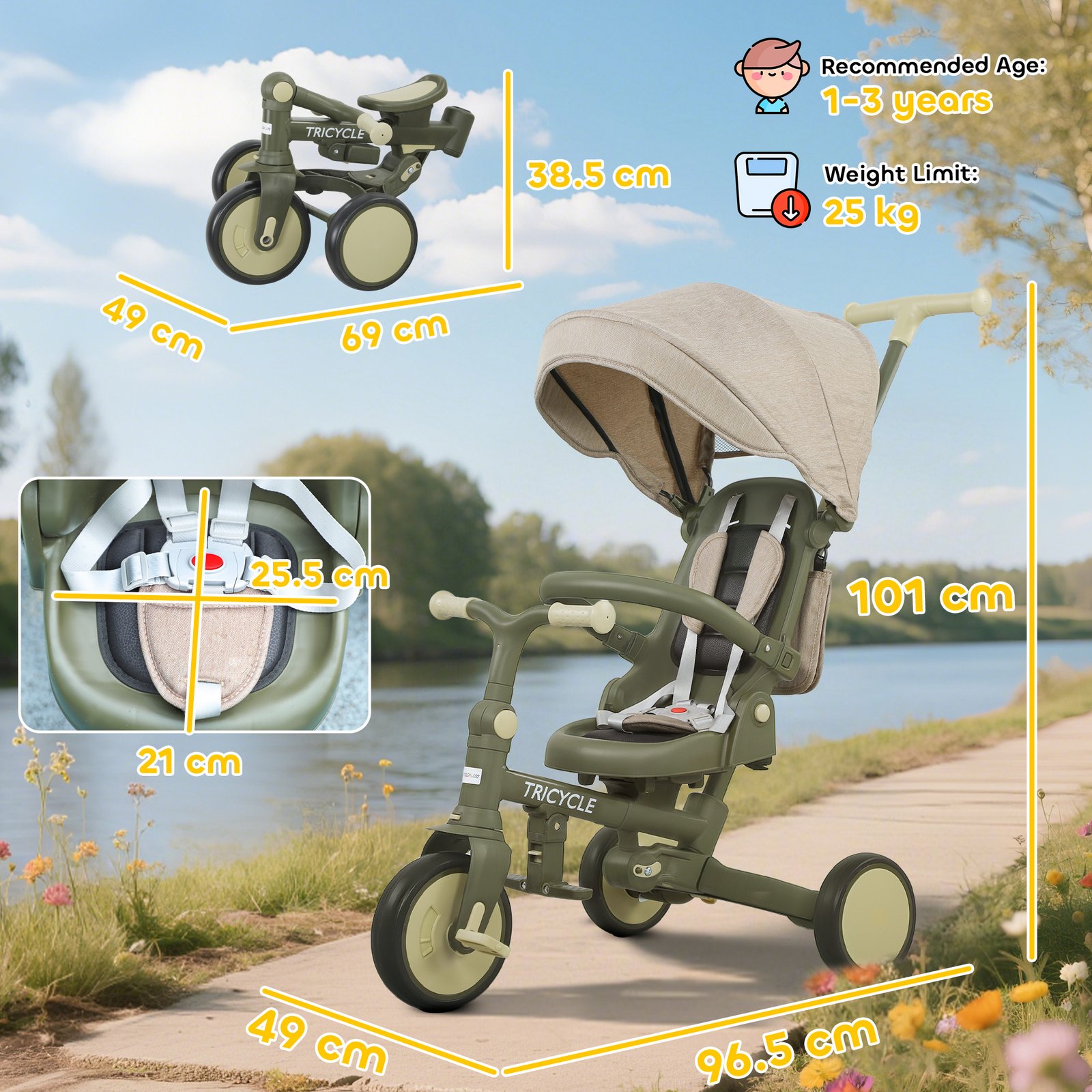 AIYAPLAY 5 in 1 Kids Trike with Adjustable Backrest, Toddler Tricycle with Push Handlebar, Adjustable Backrest, Dark Green - Image 3