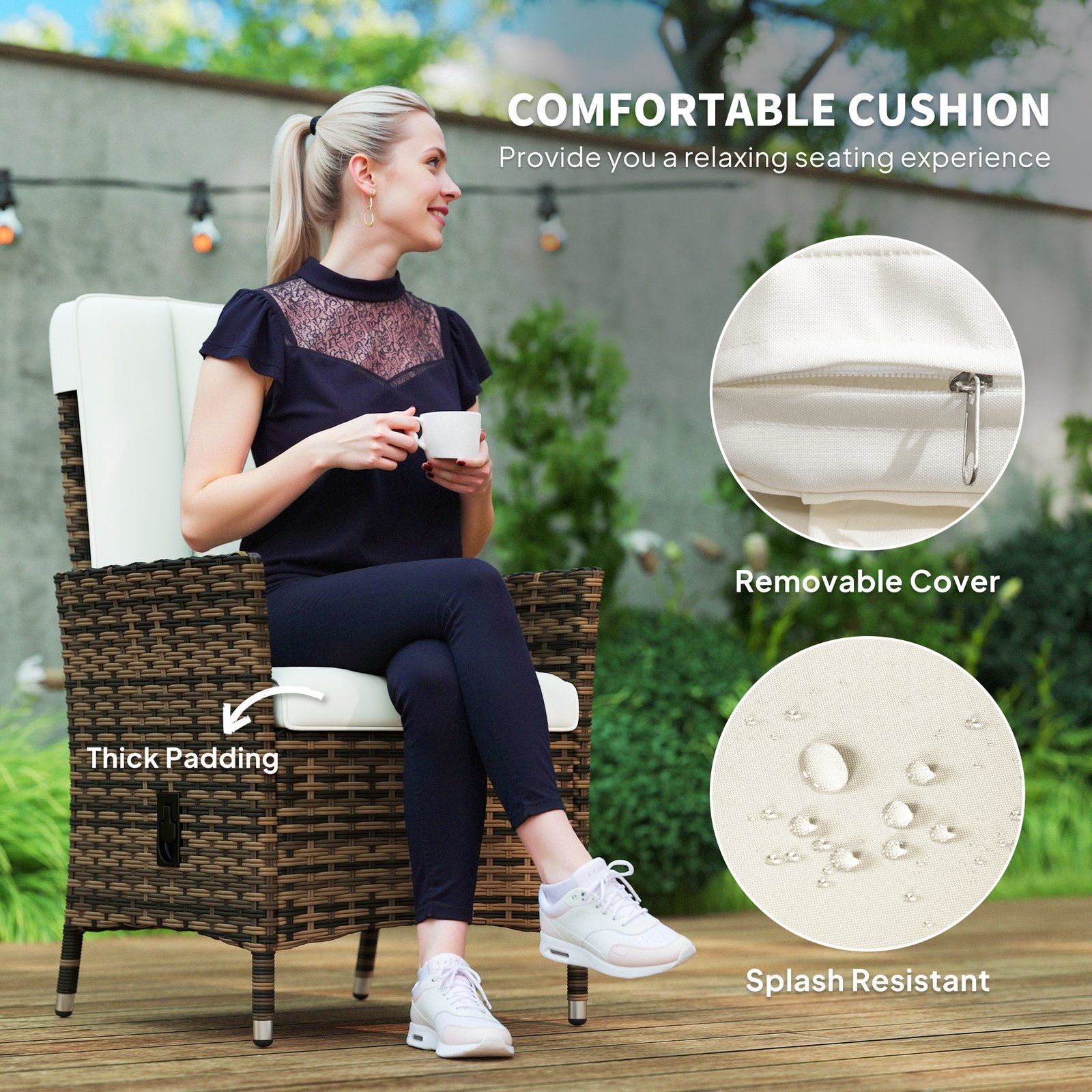 Outsunny 105°-150° Reclining Rattan Chair - Cream - Image 6