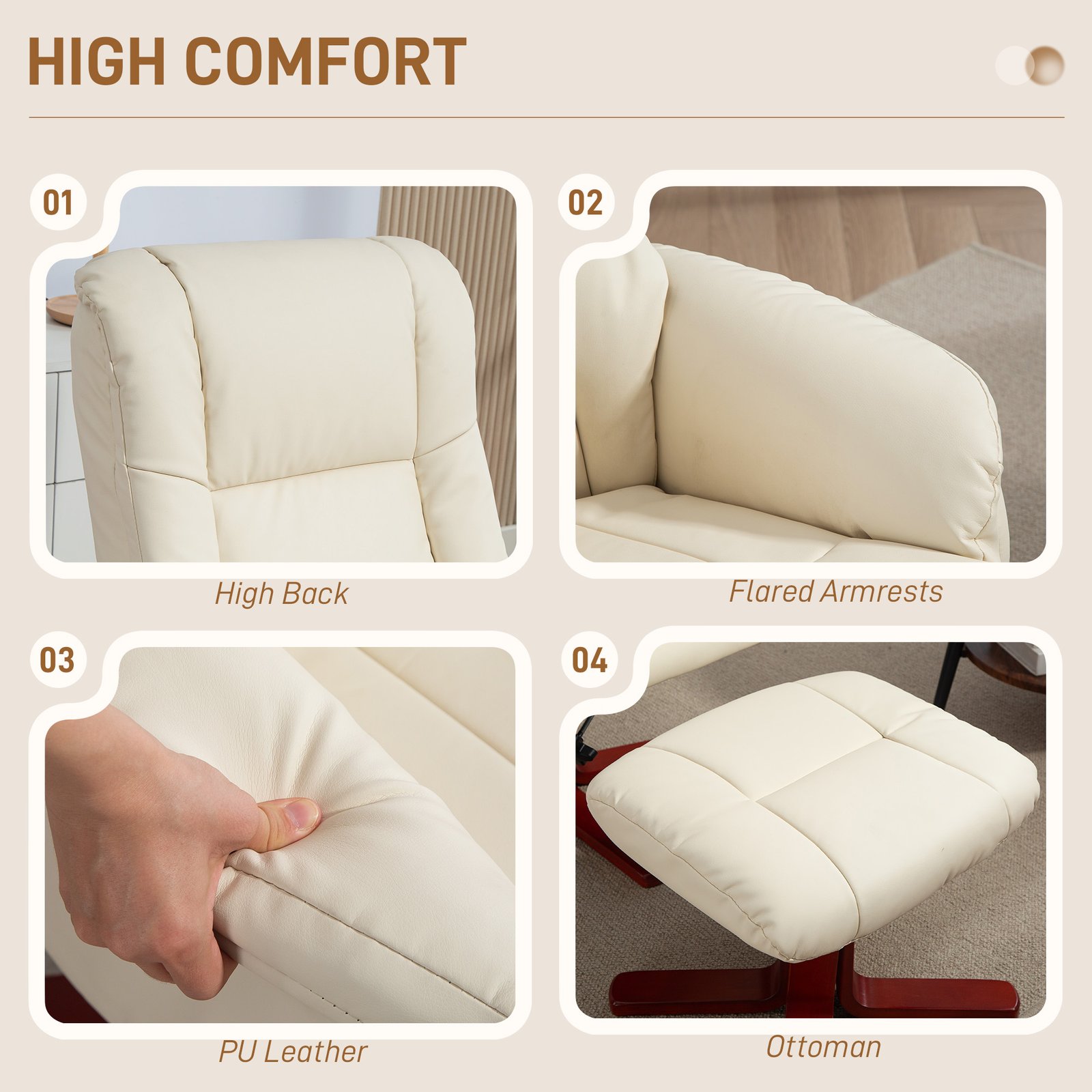 HOMCOM Rocking Recliner Chair with Footstool, PU Leather Recliner Armchair with Wood Base, Upholstered Reclining Chair for Living Room Bedroom, Cream - Image 6