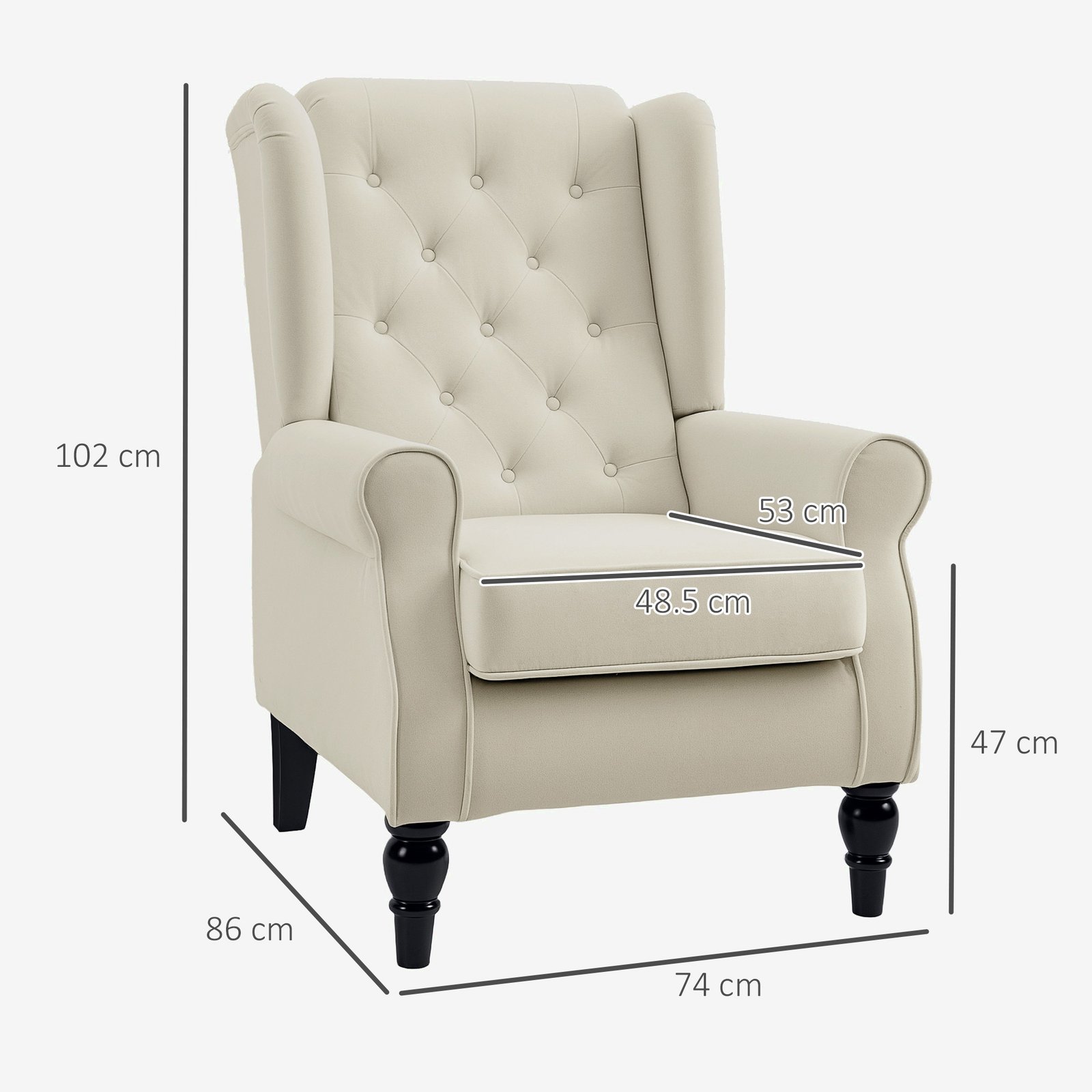 HOMCOM Wingback Accent Chair, Retro Upholstered Button Tufted Occasional Chair for Living Room and Bedroom, Cream White - Image 3