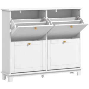 HOMCOM Narrow Shoe Storage Cabinet, Slim Shoe Cabinet with 4 Flip Drawers, Adjustable Shelves for 16 Pairs of Shoes, White