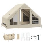 Outsunny Inflatable Camping Tent with Pump, Stove Jack Hole, Easy Setup 2-4 Person Family Blow Up Tent, Waterproof Glamping Luxury Inflatable Tent, Mesh Windows, Doors, Hook, Carry Bag, Beige