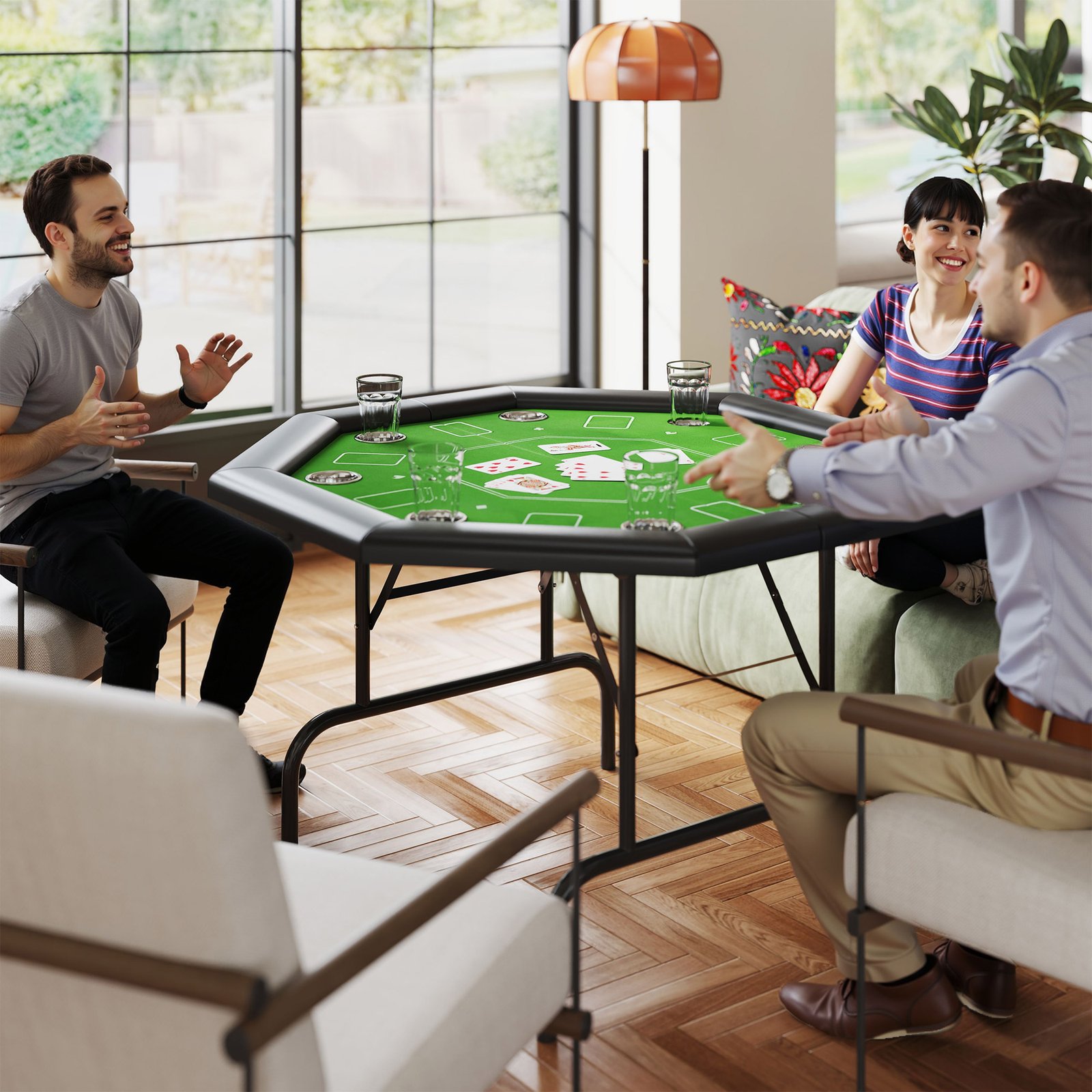 SPORTNOW 8 Player Folding Poker Table, Portable Octagon Blackjack Table with Cup Holders, Padded Edge, Green - Image 2