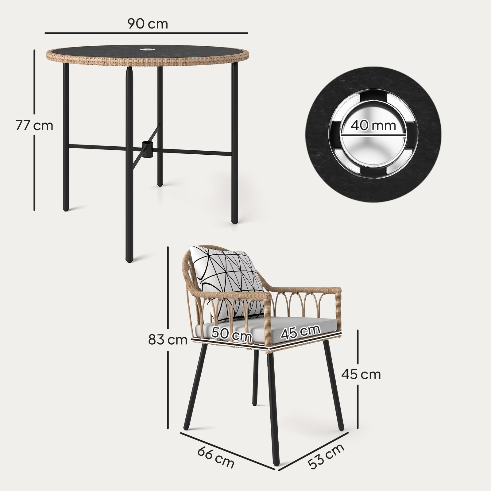 Outsunny 5 Piece Patio Rattan Dining Set, Wicker Garden Table and Chairs w/ Removable Seat & Back Cushions, Round Tempered Glass Tabletop, Parasol Hole, Outdoor Furniture Conservatory Set, Light Brown - Image 3