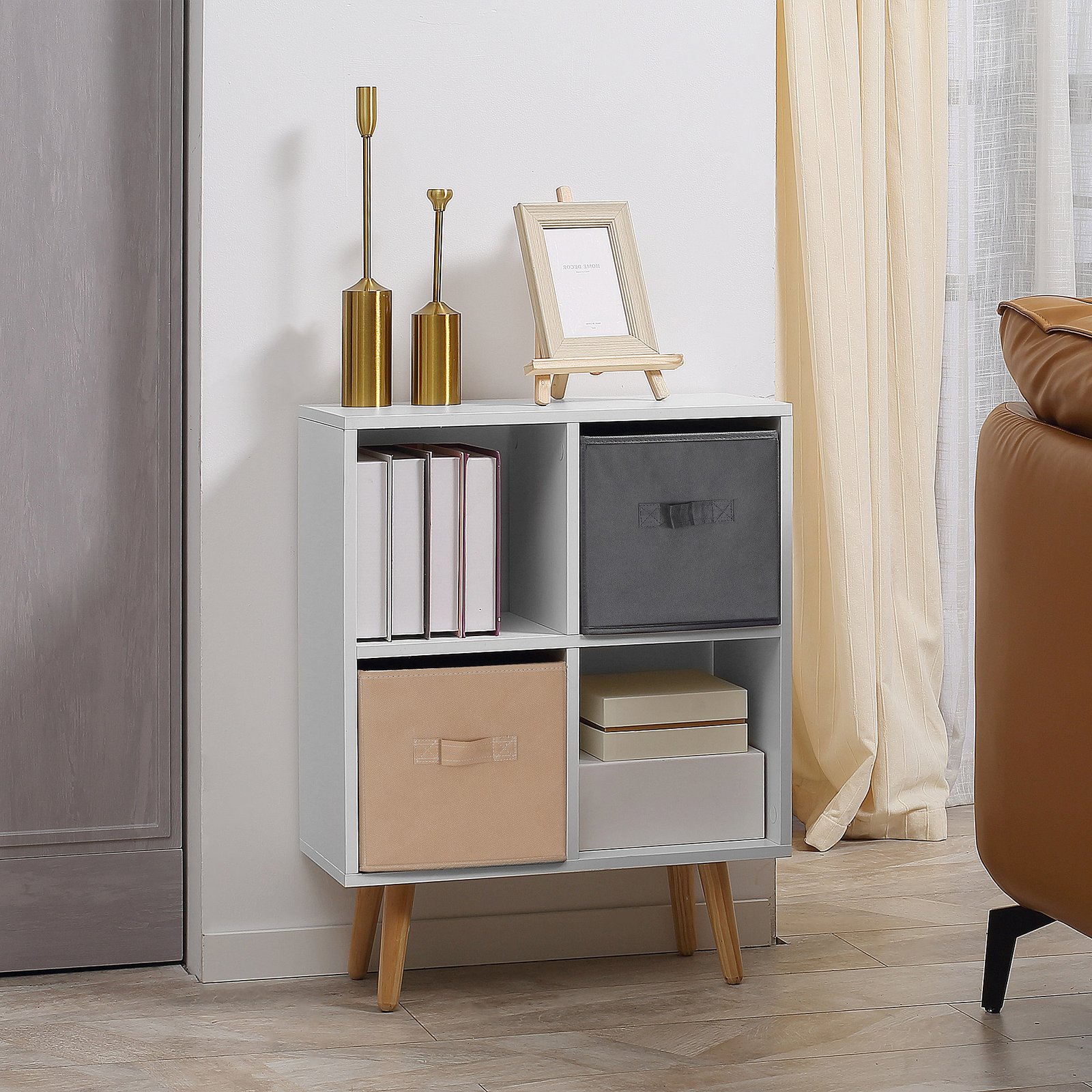 HOMCOM Freestanding 4 Cube Unit Cabinet Unit w/ 3 Fabric Drawers Handles Home Office Storage Shelves - Image 2