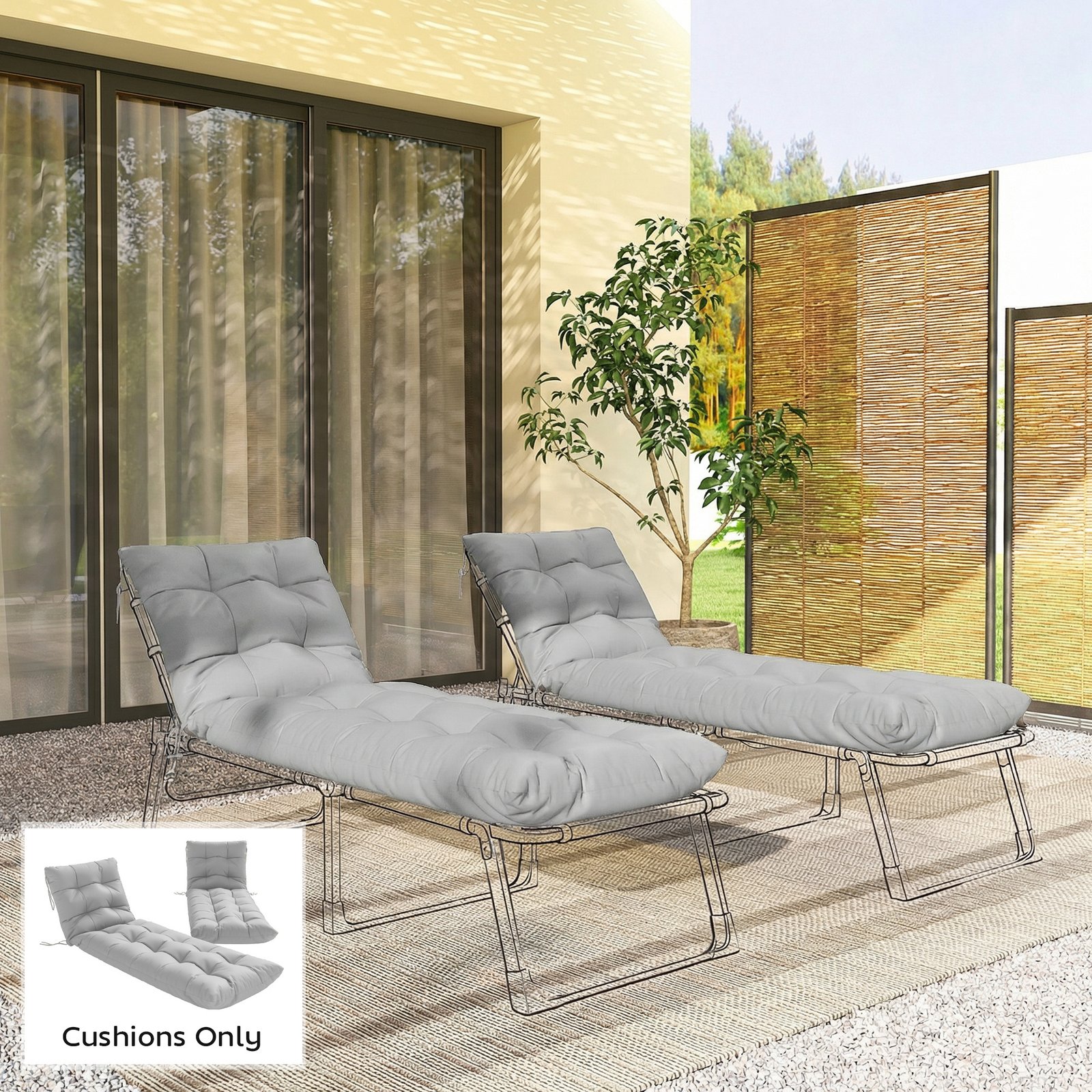 Outsunny Sun Lounger Cushions Only, Garden Lounge Chair Cushions Set of 2, Sunbed Replacement Pads with 4 Ties, Light Grey - Image 2