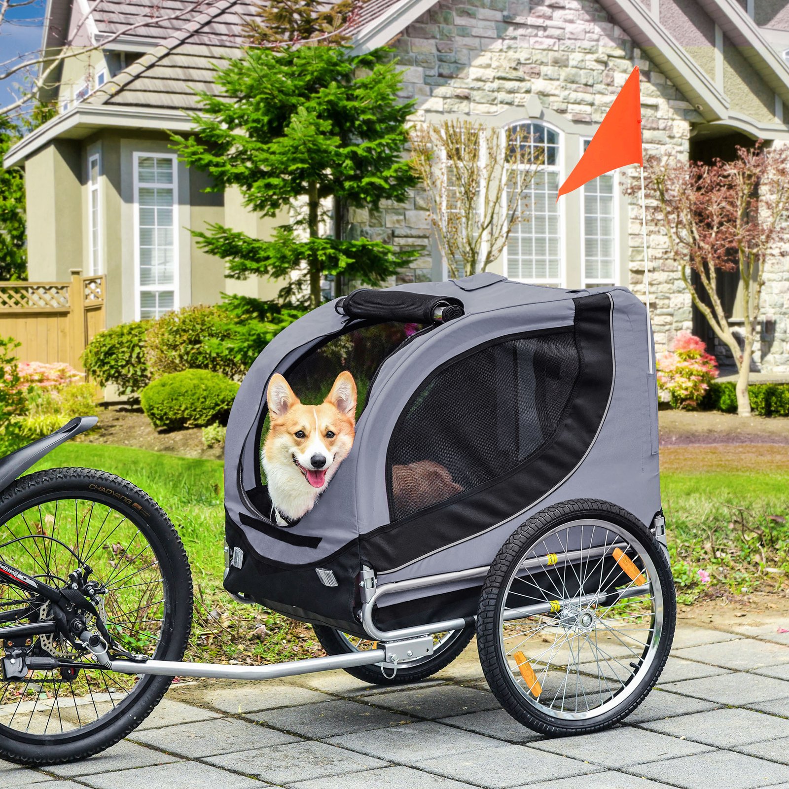 PawHut Steel Dog Bike Trailer Pet Cart Carrier for Bicycle Kit Water Resistant with Hitch Coupler Travel Grey and Black - Image 2