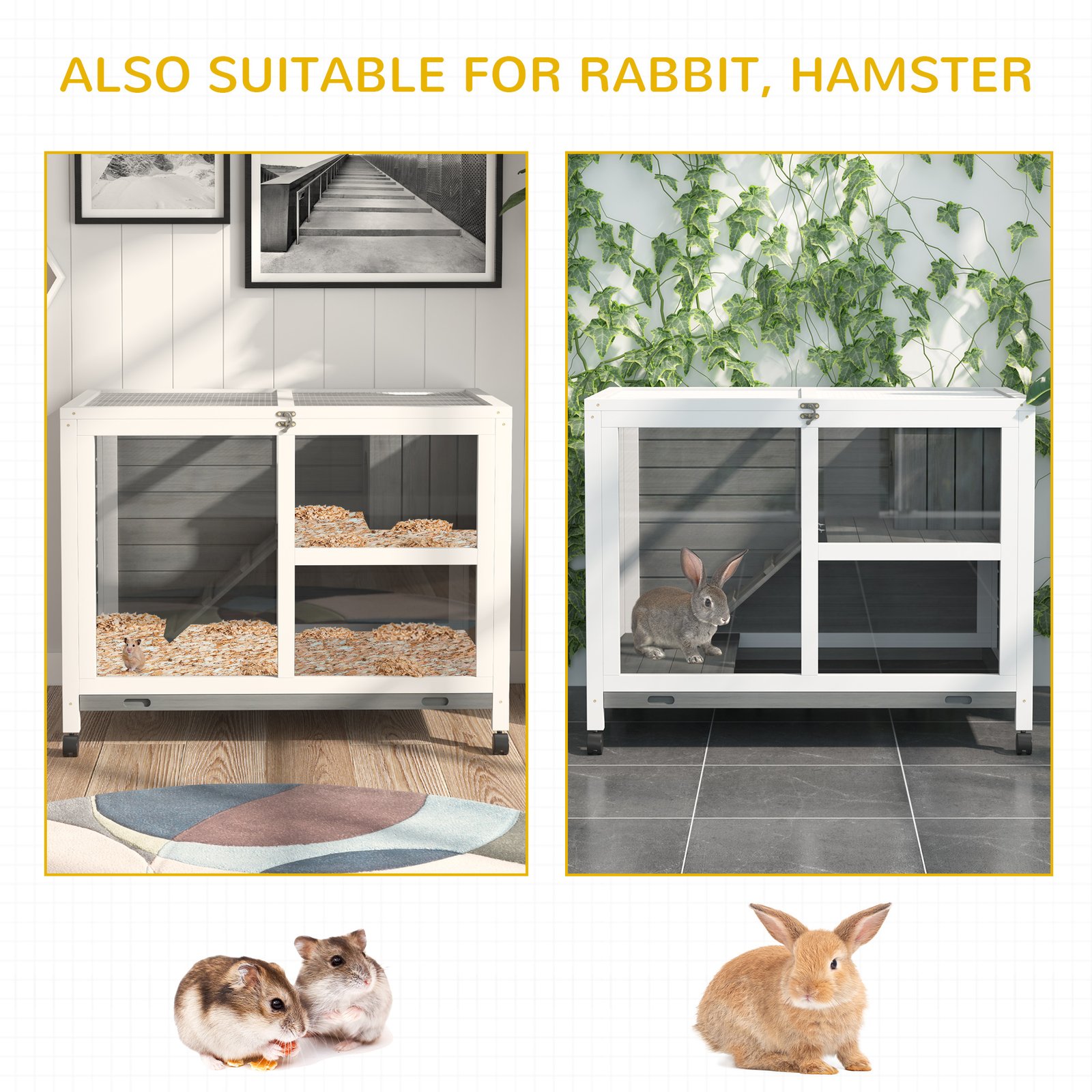 PawHut Wooden Rabbit Hutch Indoor with Wheels, Openable Roof, 91.5 x 53.3 x 73 cm, Grey - Image 7