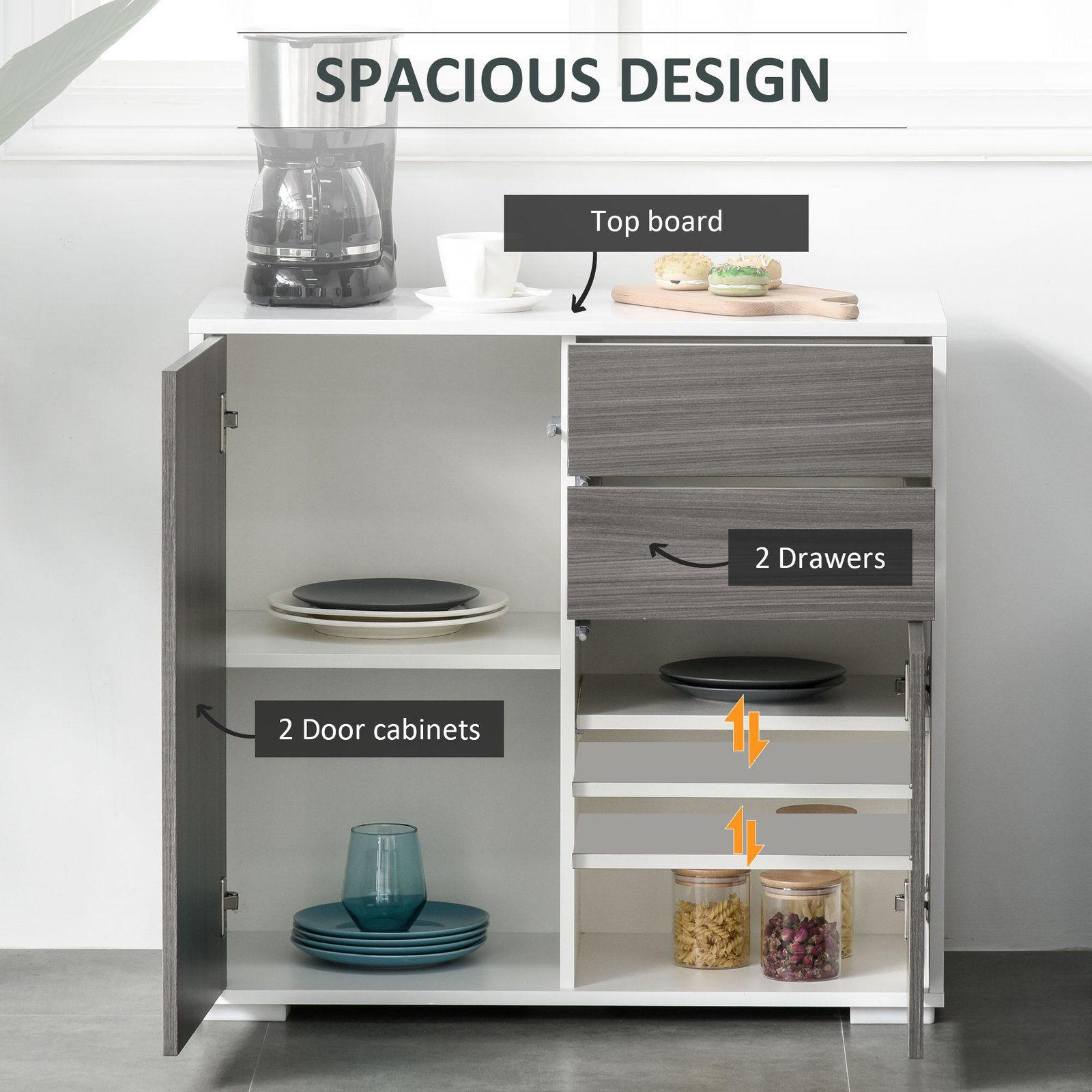 HOMCOM High Gloss Frame Sideboard, Side Cabinet, Push-Open Design with 2 Drawer for Living Room, Bedroom, Grey - Image 4