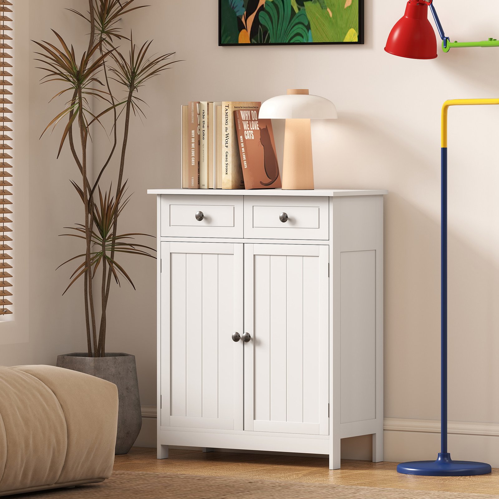 kleankin 75x60cm Freestanding Bathroom Storage Cabinet Unit w/ 2 Drawers Cupboard Adjustable Shelf Metal Handles Traditional Style White - Image 8