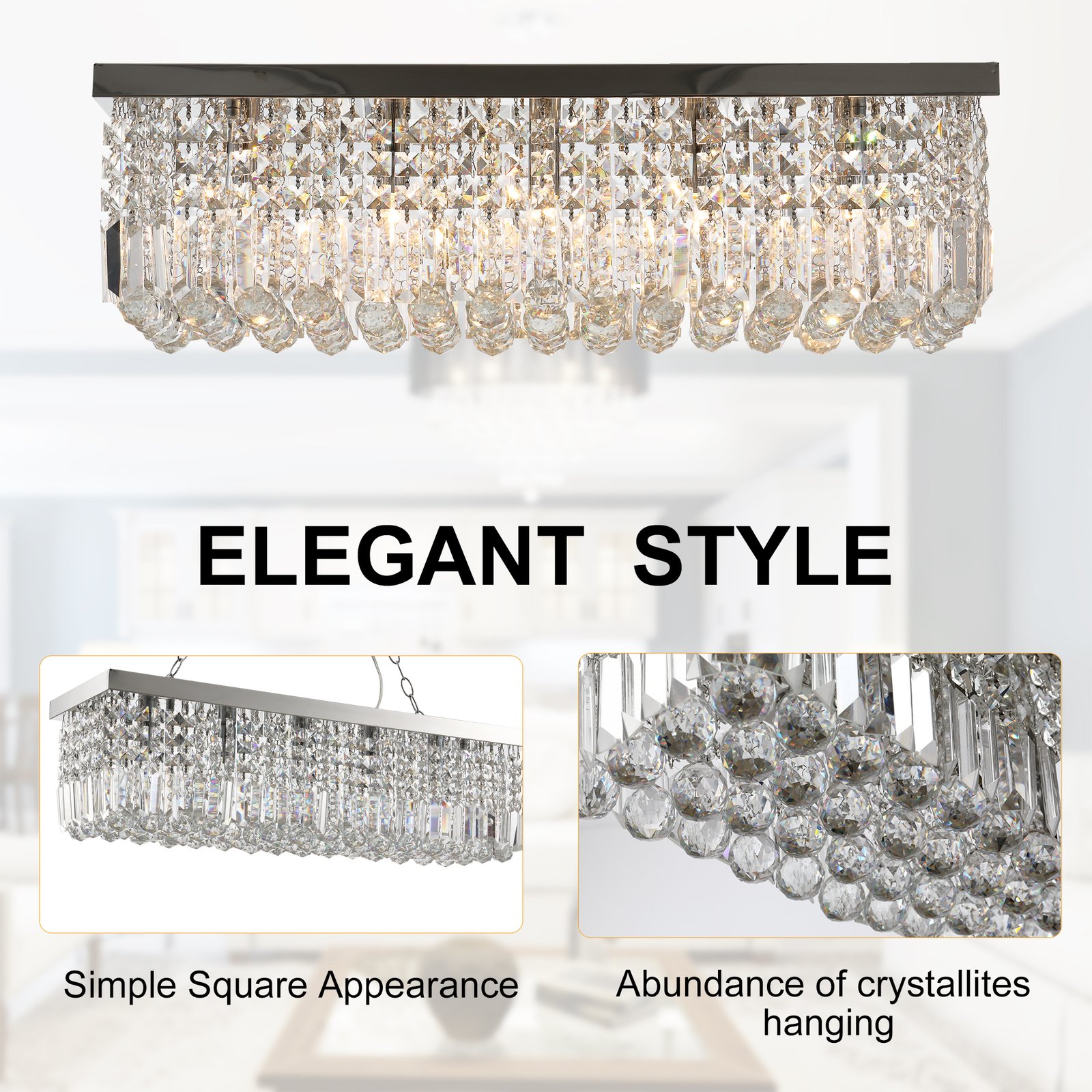 HOMCOM Modern Crystal Ceiling Light Square Crystal Chandelier for Living Room, Dining Room, Hall, 5 x E14 Lamp Holders, Silver, 80 x 25 x 23cm - Image 5