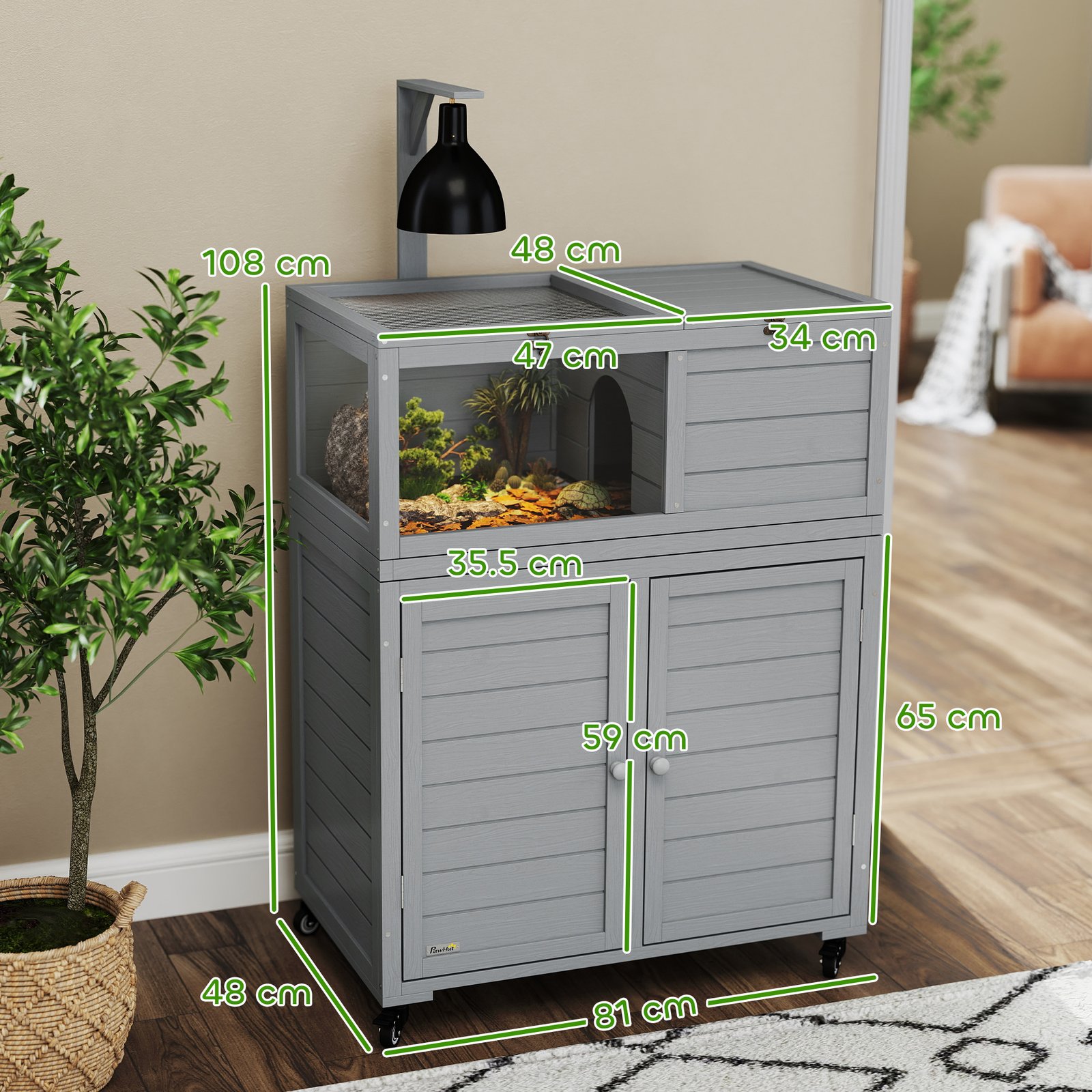 PawHut Wooden Tortoise House with Storage Cabinet, Openable Top, Lamp Holder, Windows, Light Grey - Image 3
