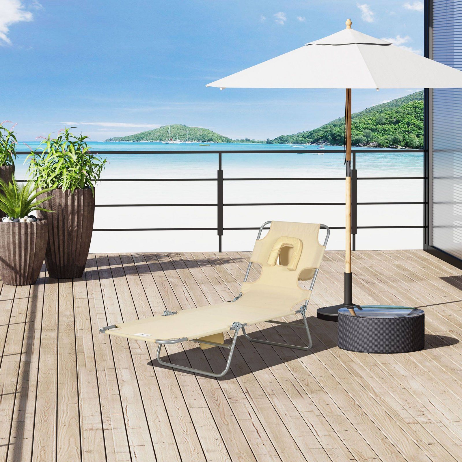 Outsunny Foldable Sun Lounger, Beach Chaise Lounge with Reading Hole, Arm Slots, 5-Position Adjustable Backrest, Side Pocket, Pillow for Garden, Beach, Camping, Beige - Image 2