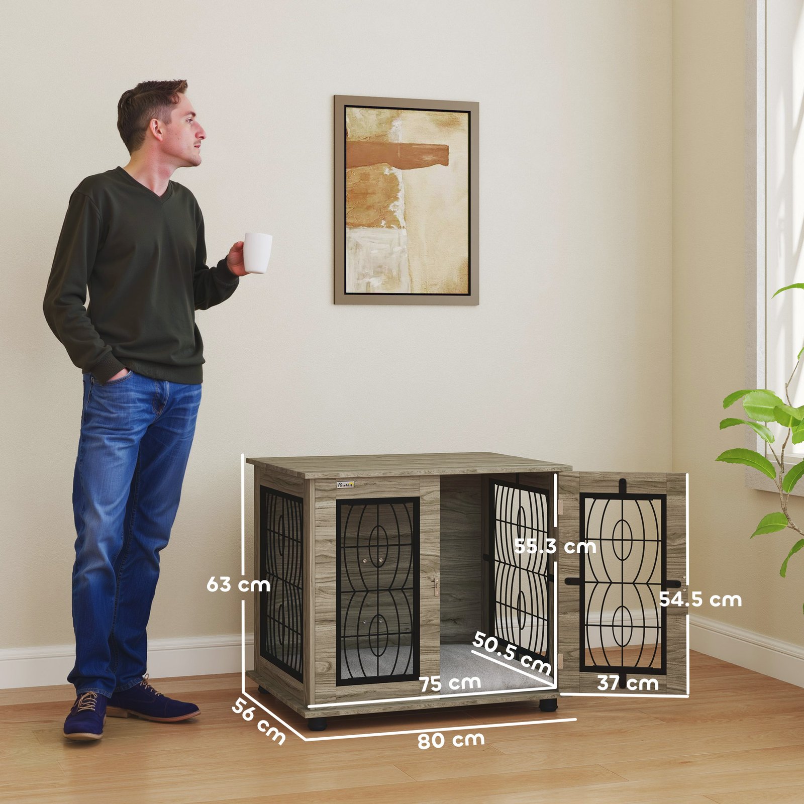 PawHut Indoor Dog Crate Furniture End Table with Soft Washable Cushion, Lockable Front Door, for Medium Dogs - Black - Image 3