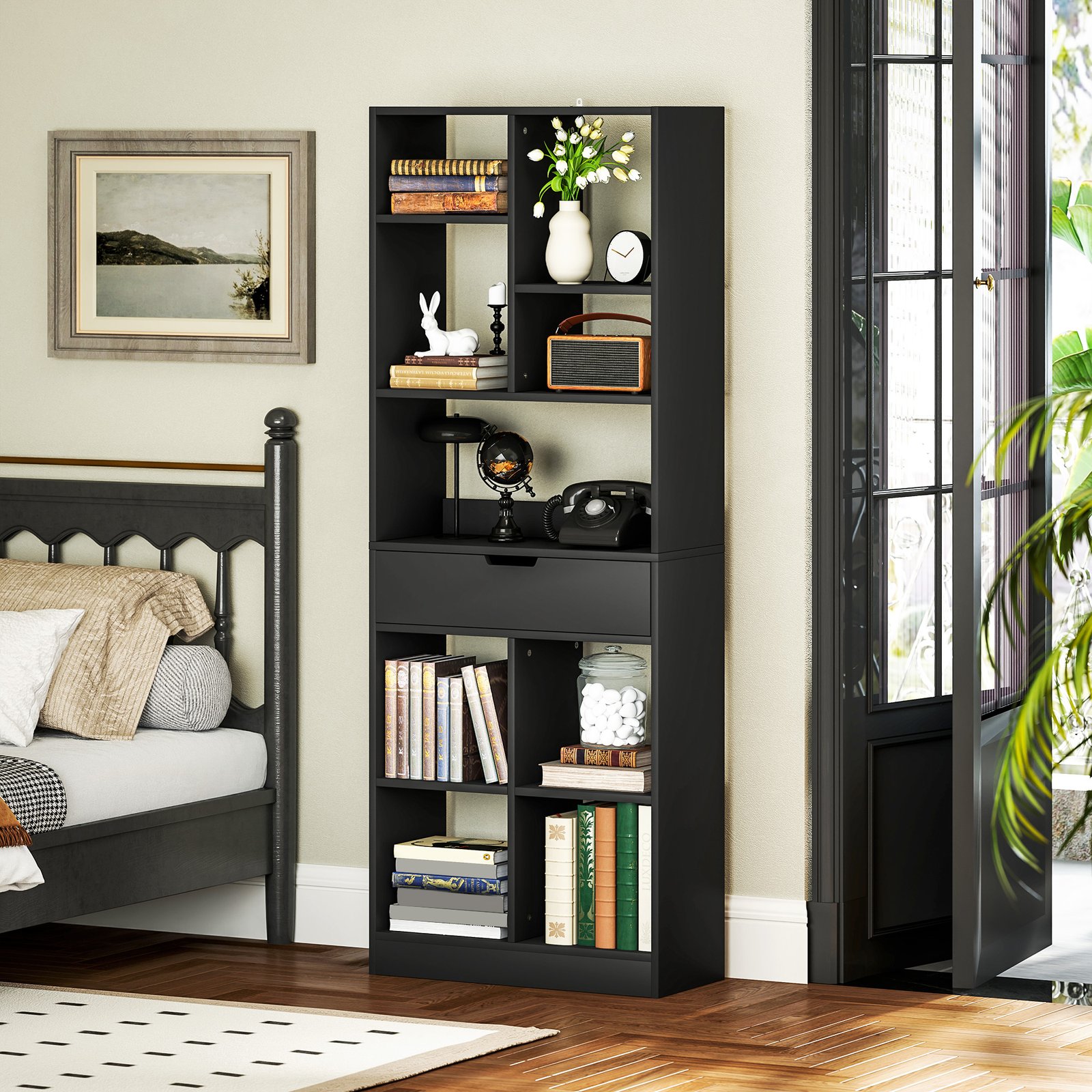 HOMCOM Tall Bookshelf with Drawer, Freestanding Bookcase for Bedroom, Living Room, Home Office, Black - Image 7