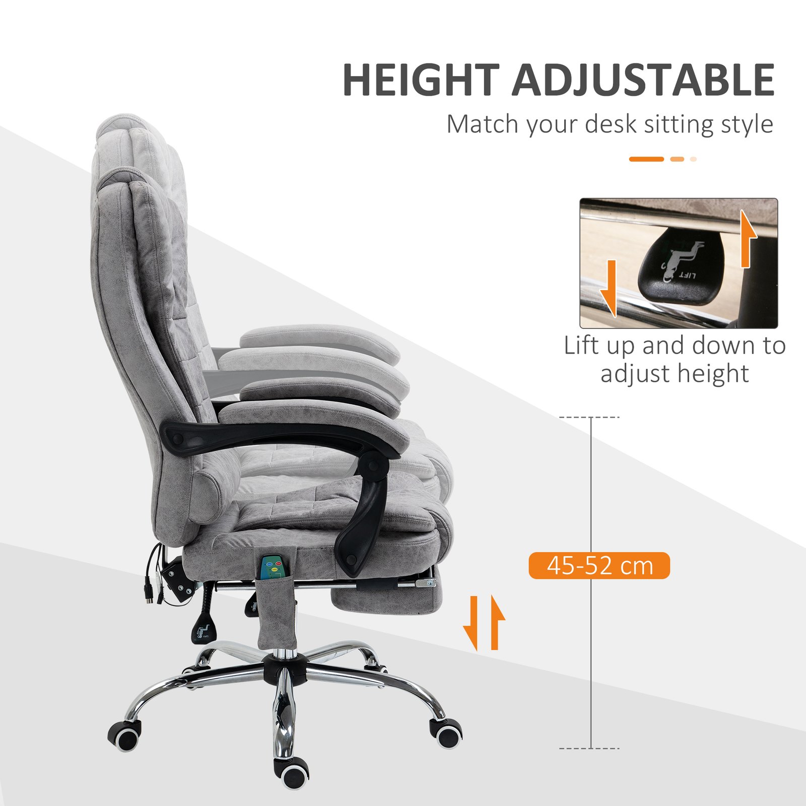Vinsetto Heated 6 Points Vibration Massage Executive Office Chair Adjustable Swivel Ergonomic High Back Desk Chair Recliner with Footrest Grey - Image 6