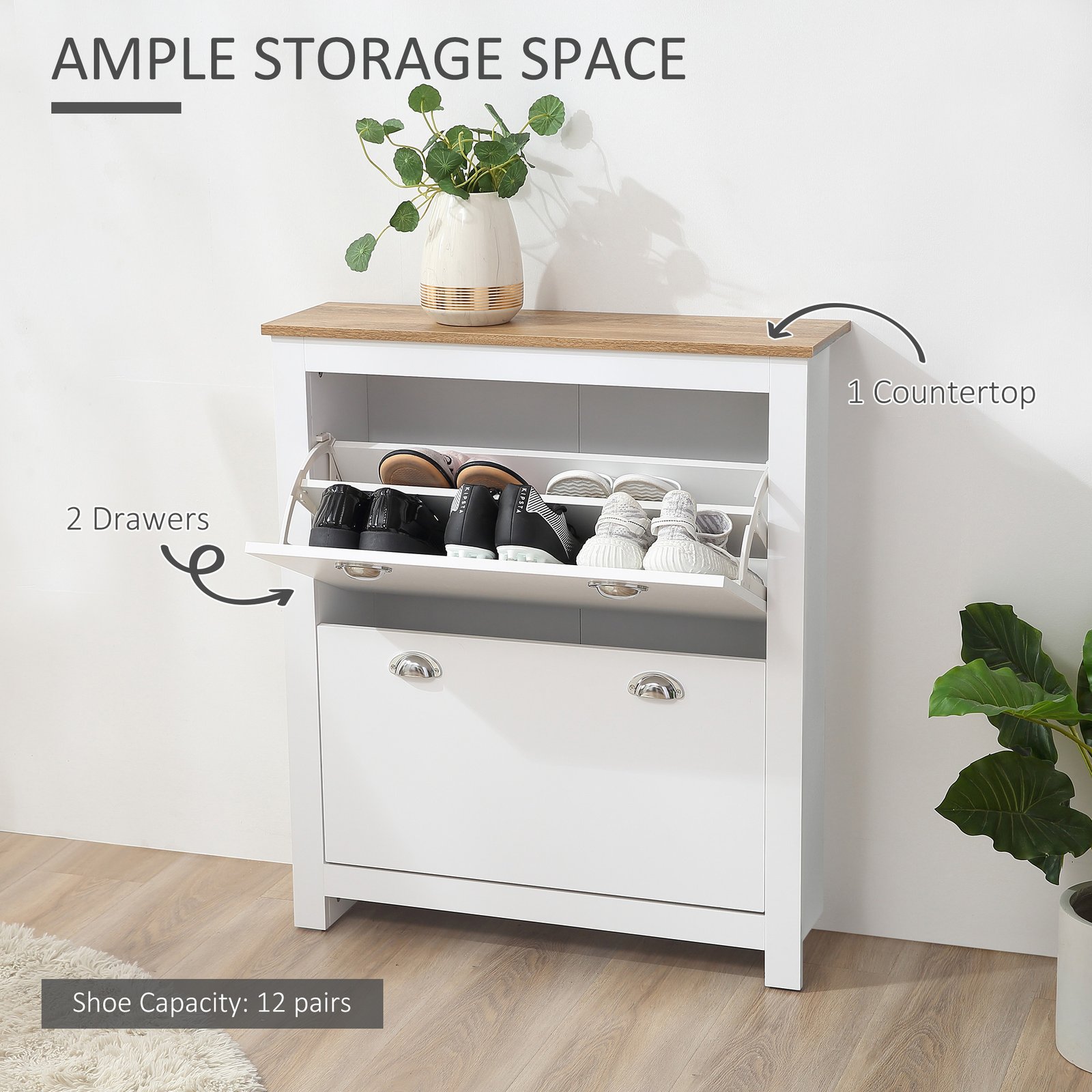 HOMCOM 2 Drawer Shoe Cabinet Modern Narrow Shoe Cupboard Hallway Wooden Storage Organiser with Flip Doors Adjustable Shelf for 6-12 Pairs, White - Image 4