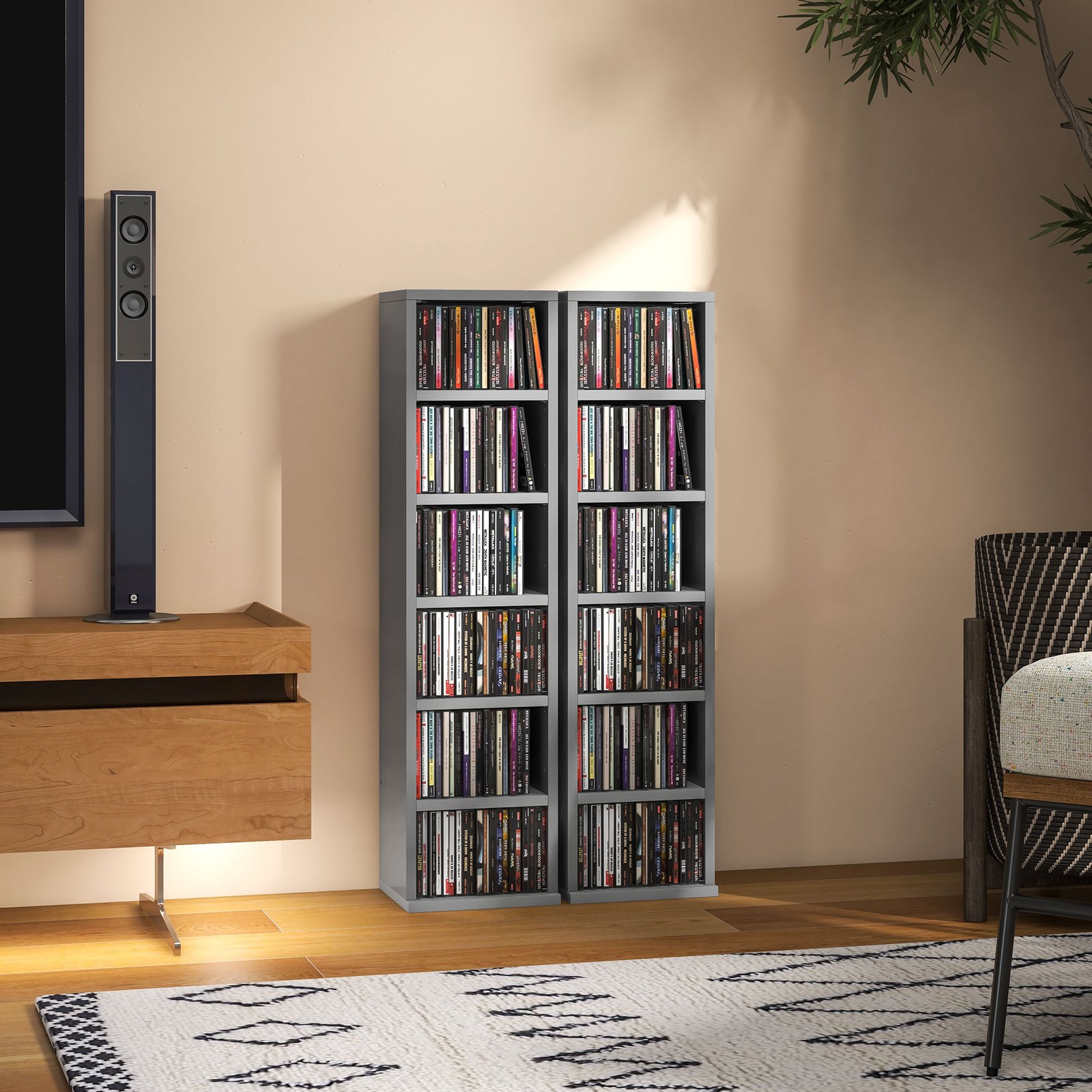 HOMCOM Set of 2 CD Media Display Shelf Unit Tower Rack with Adjustable Shelves, High Gloss Grey - Image 9