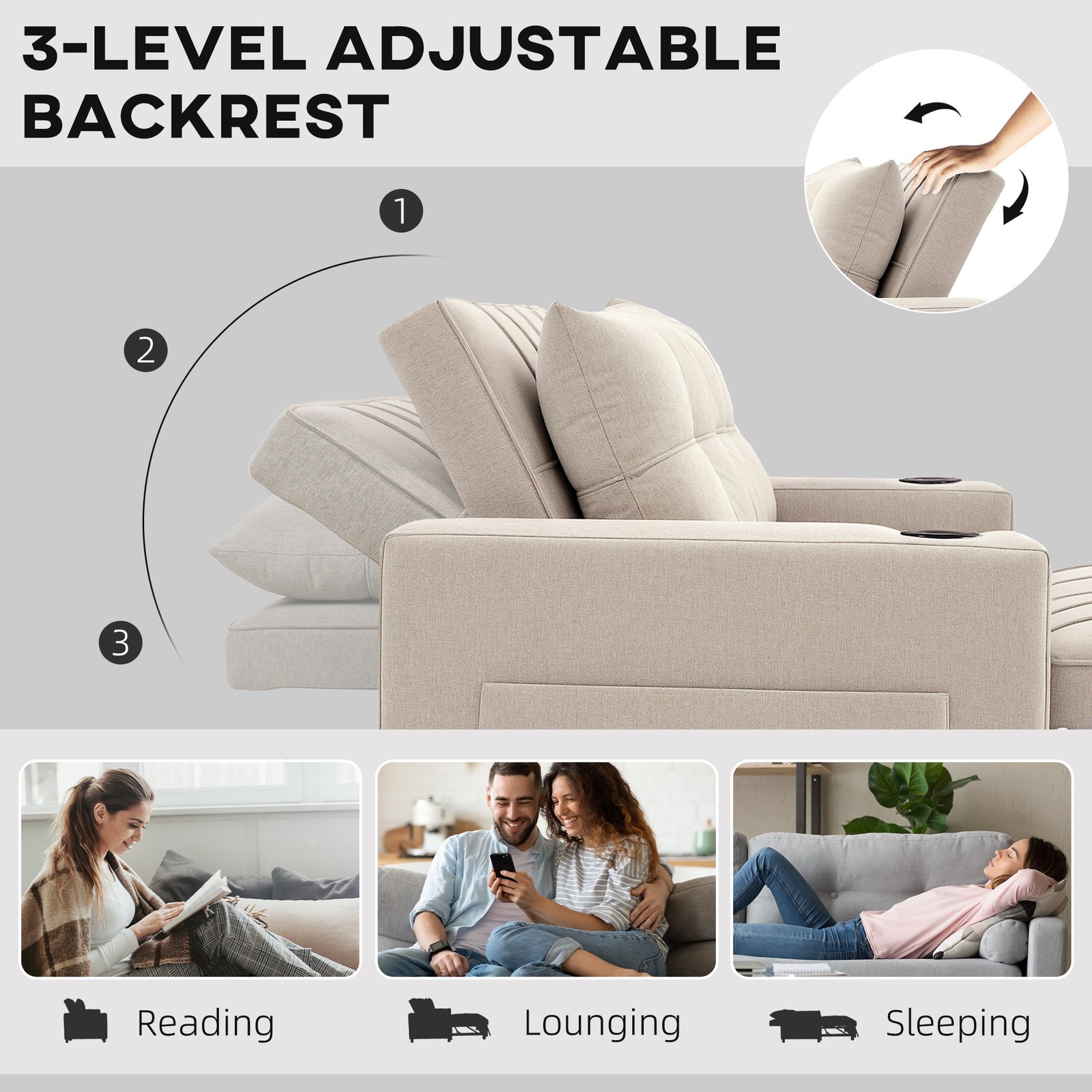 HOMCOM Two-Seater Pull-Out Sofa Bed - Beige - Image 5