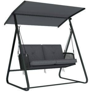 Outsunny 2-Seater Rattan Swing Chair, Outdoor Garden Hanging Swing Seat with Stand, Adjustable Canopy and Soft Cushions