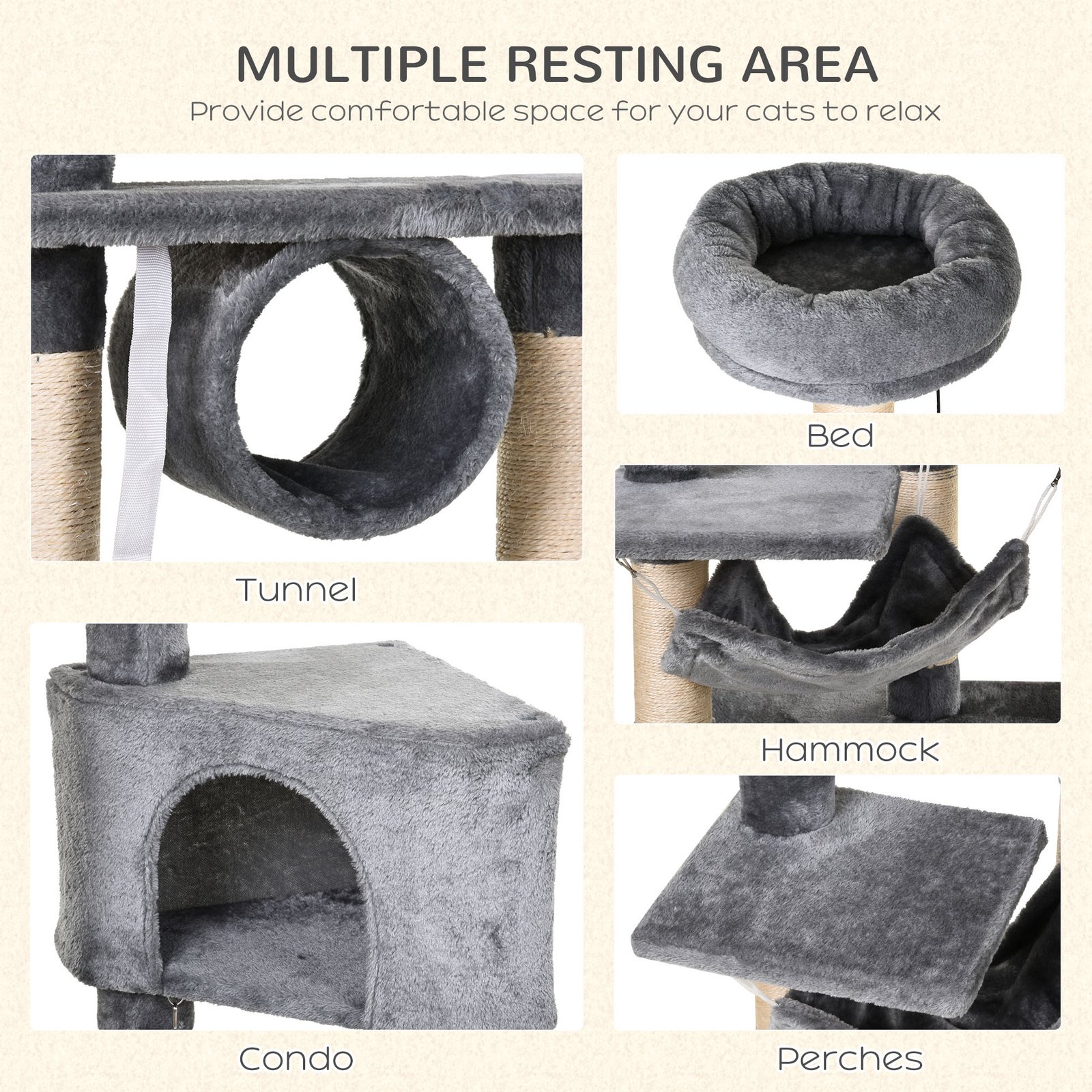 PawHut Cat Tree for Indoor Cats Condo Tower Multi-level Height 150CM Kittens Activity Stand House with Toys & Various Scratching Posts - Image 4