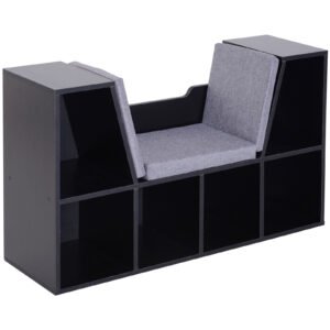 HOMCOM Bookcase Storage Shelf with Cushioned Reading Seat, Cube Bookshelf Organizer for Bedroom Living Room, Black
